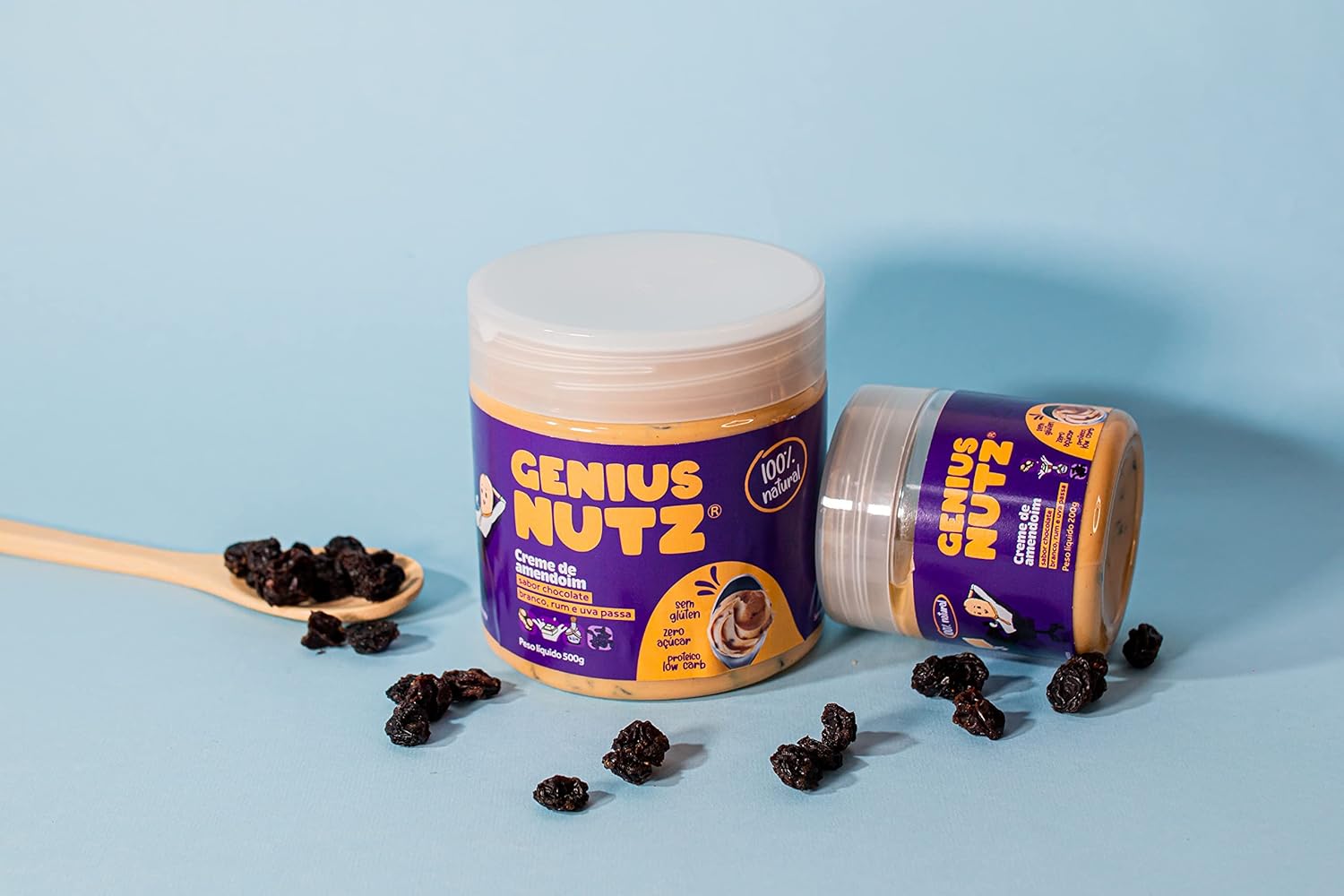 GENIUS NUTZ – Chocolate blanco para untar con maní, ron y pasas – El bocadillo de mantequilla de maní saludable perfecto, 100% natural, sin azúcar y