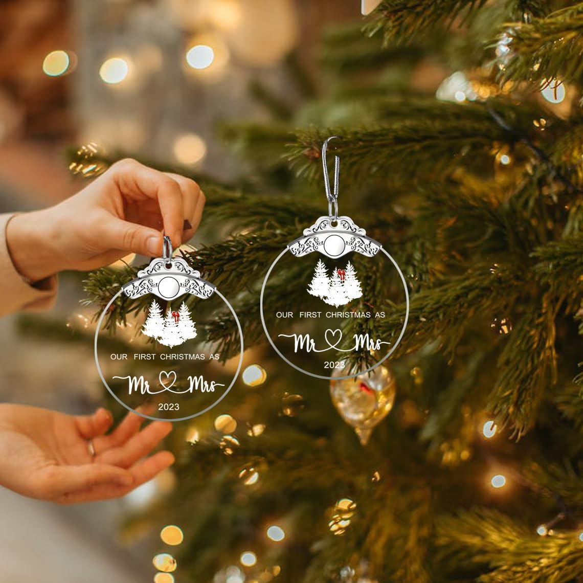 Adorno de compromiso con texto en inglés “Our First Christmas Mr Mrs New Home, para parejas, adornos de Navidad, decoración para colgar en el árbol