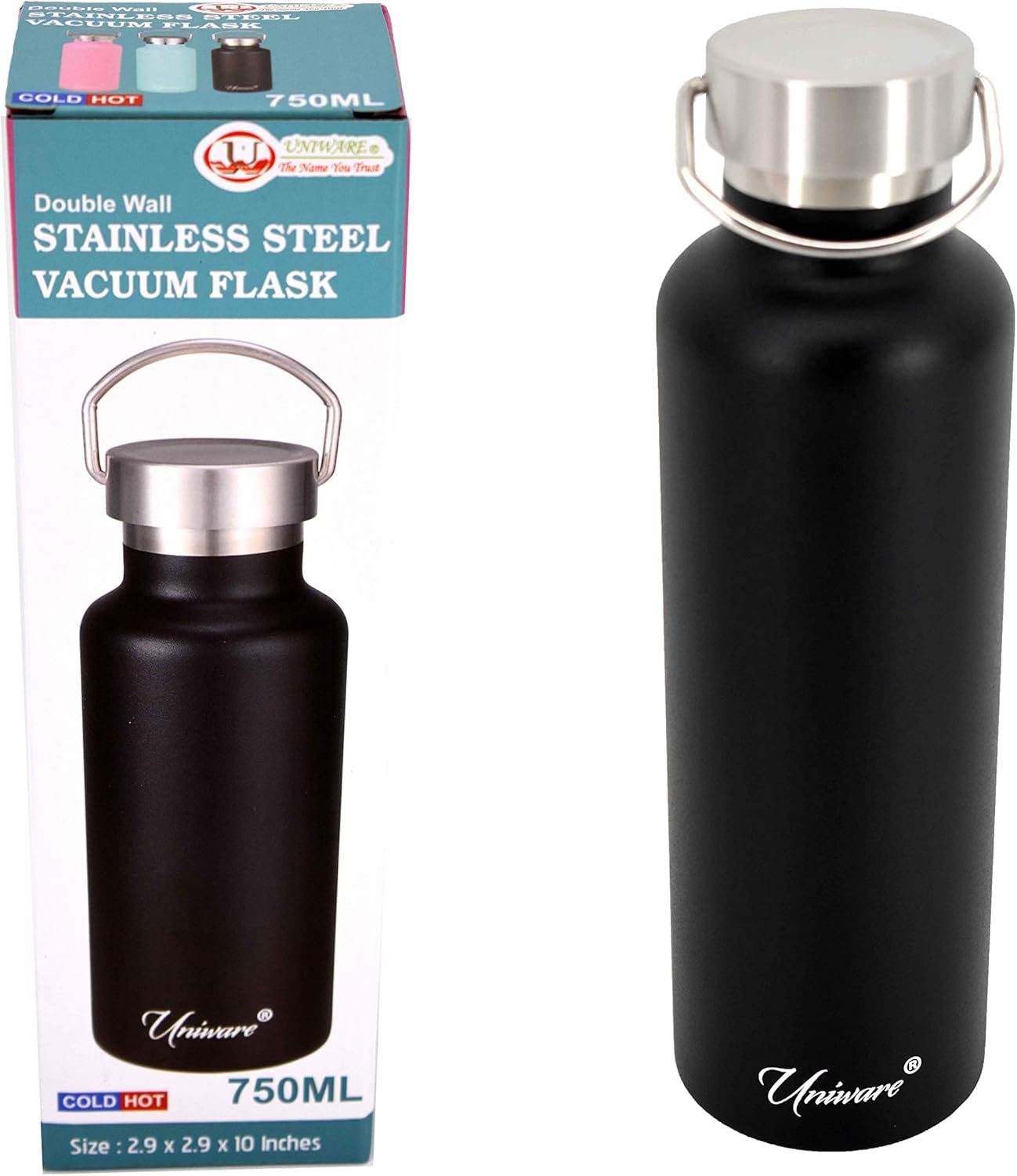 UNIWARE Frasco de vacío negro de doble pared de acero inoxidable (25.4 fl oz), 2.9 x 2.9 x 10 pulgadas