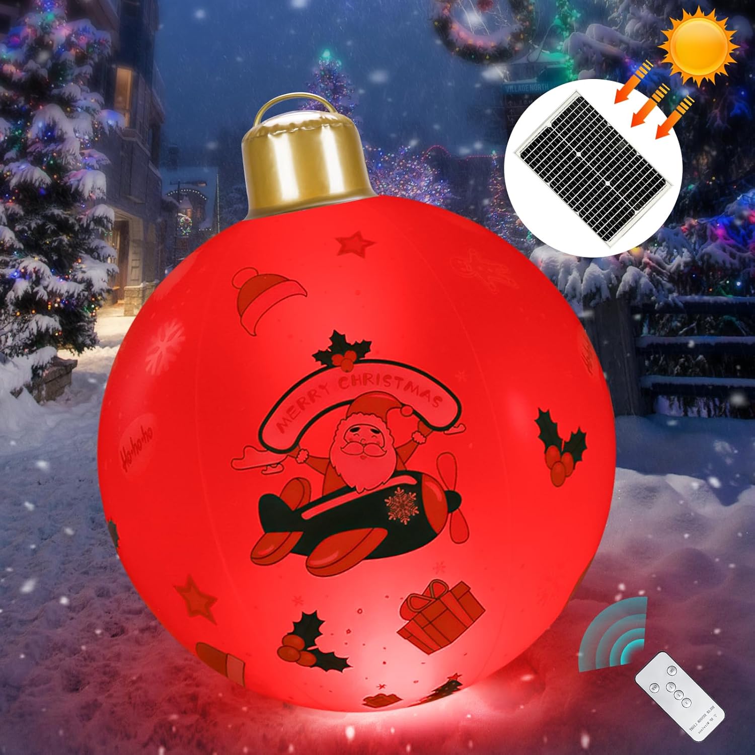 JOSEN Bola de Navidad inflable con luz solar, PVC, decoración de Navidad al aire libre, 24 pulgadas, adornos inflables grandes de Navidad gigantes