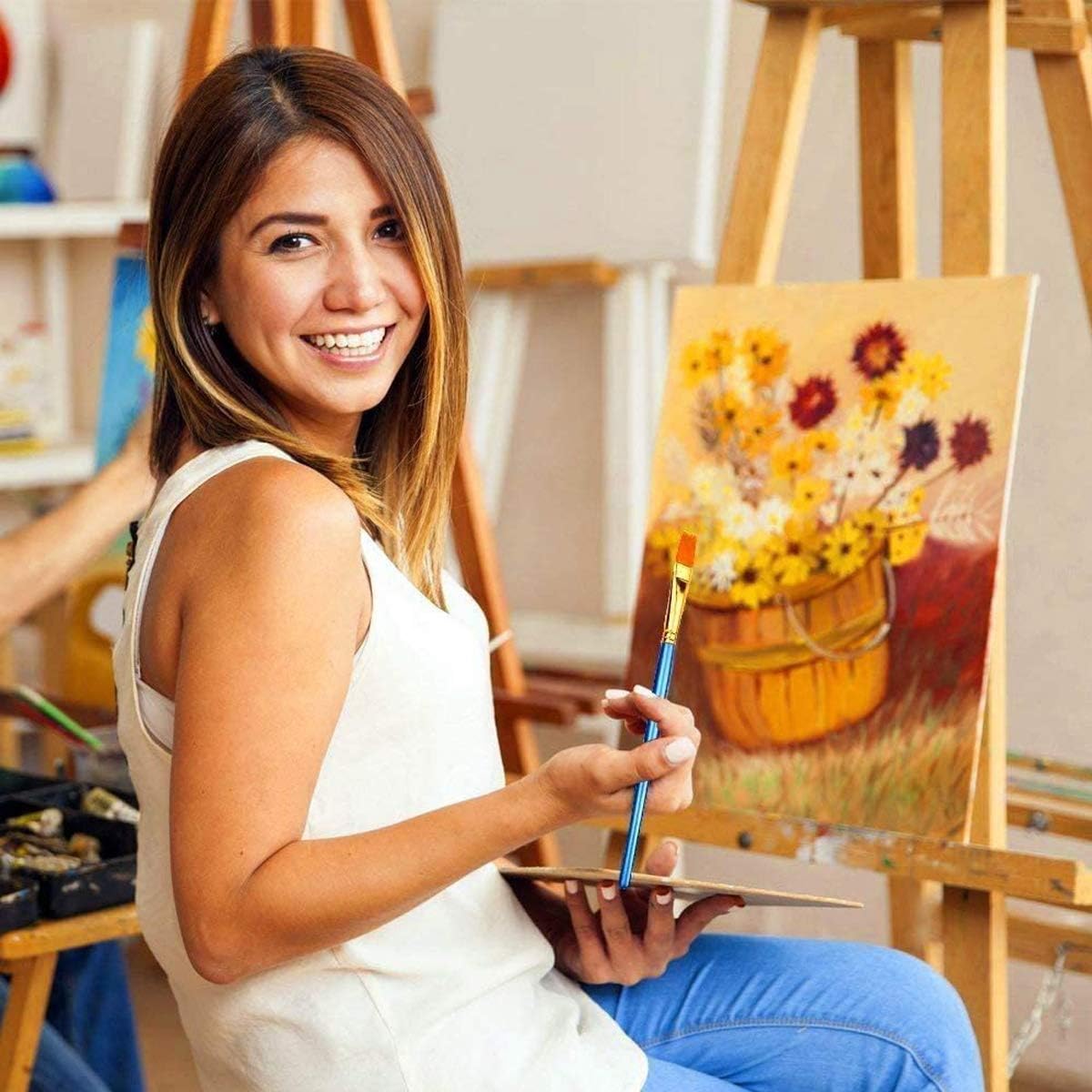 BOSOBO Juego de 6 pinceles de pintura, 60 pinceles de punta redonda puntiaguda, pinceles de nailon para artistas del cabello acrílicos para aceite