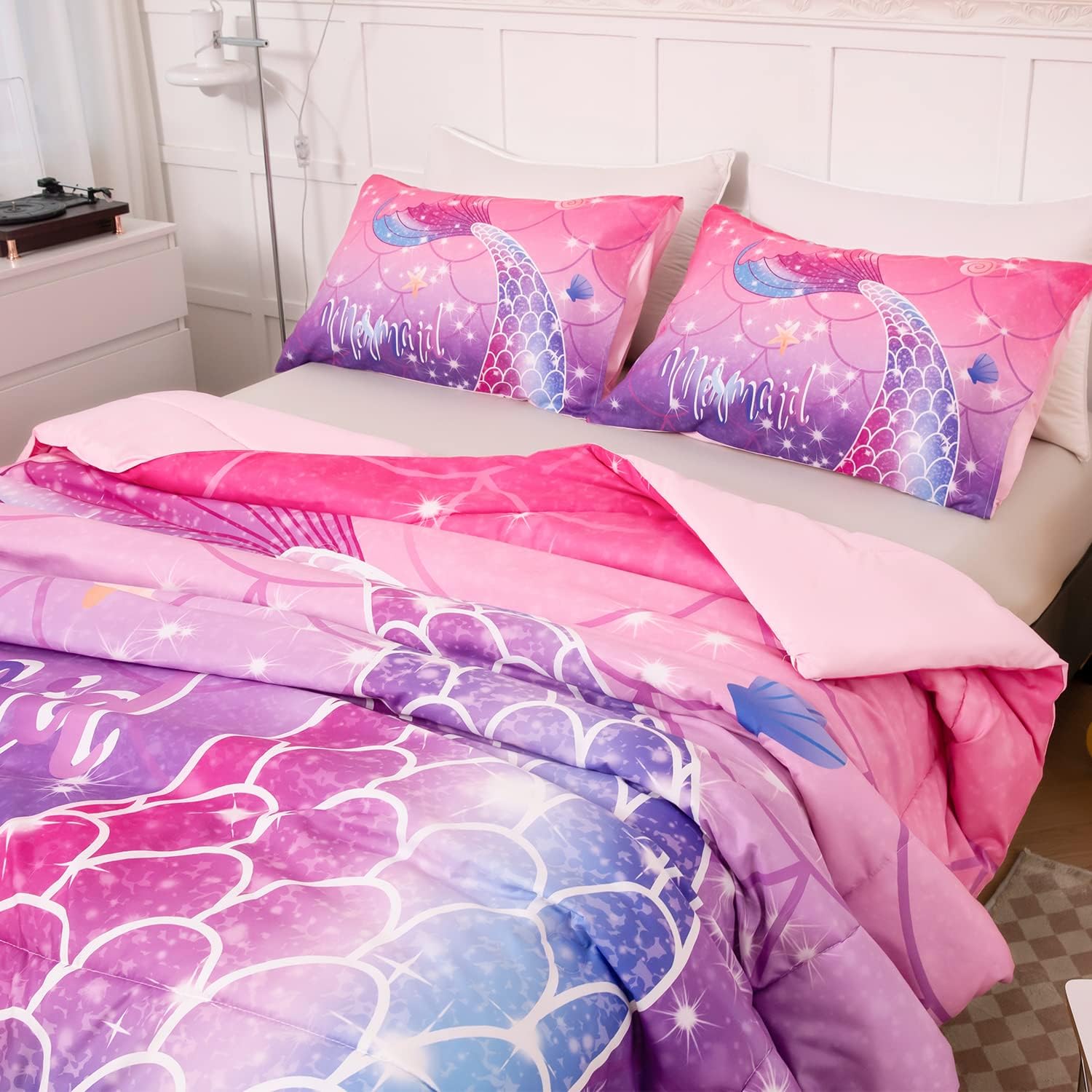 Juego de edredón de sirena de 3 piezas, tamaño matrimonial, juego de edredón degradado, rosa, morado, azul, juego de ropa de cama con patrón de