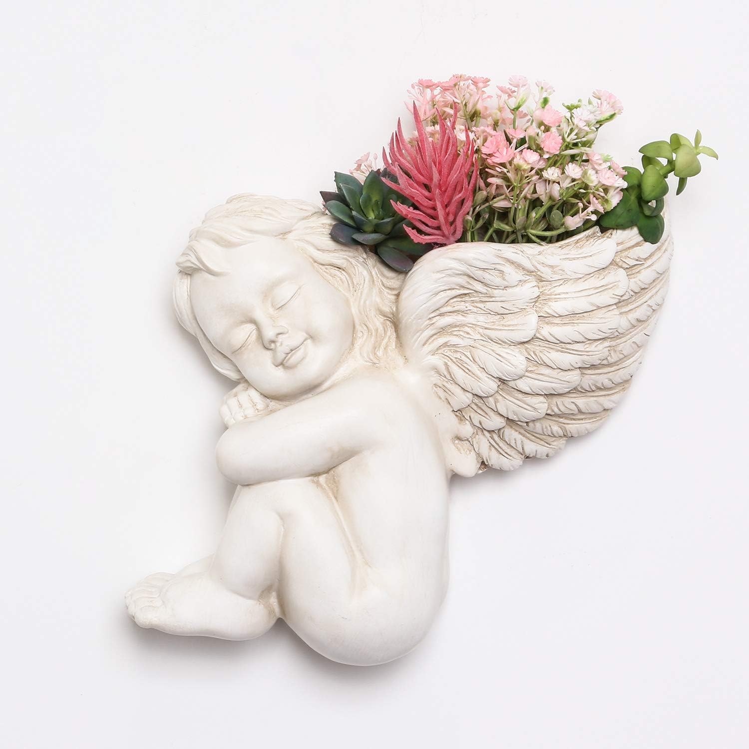 Maceta para colgar en la pared y superficie plana, con cabeza de ángel de 8 pulgadas, soporte para flores, jarrón de resina para muñeca, maceta de