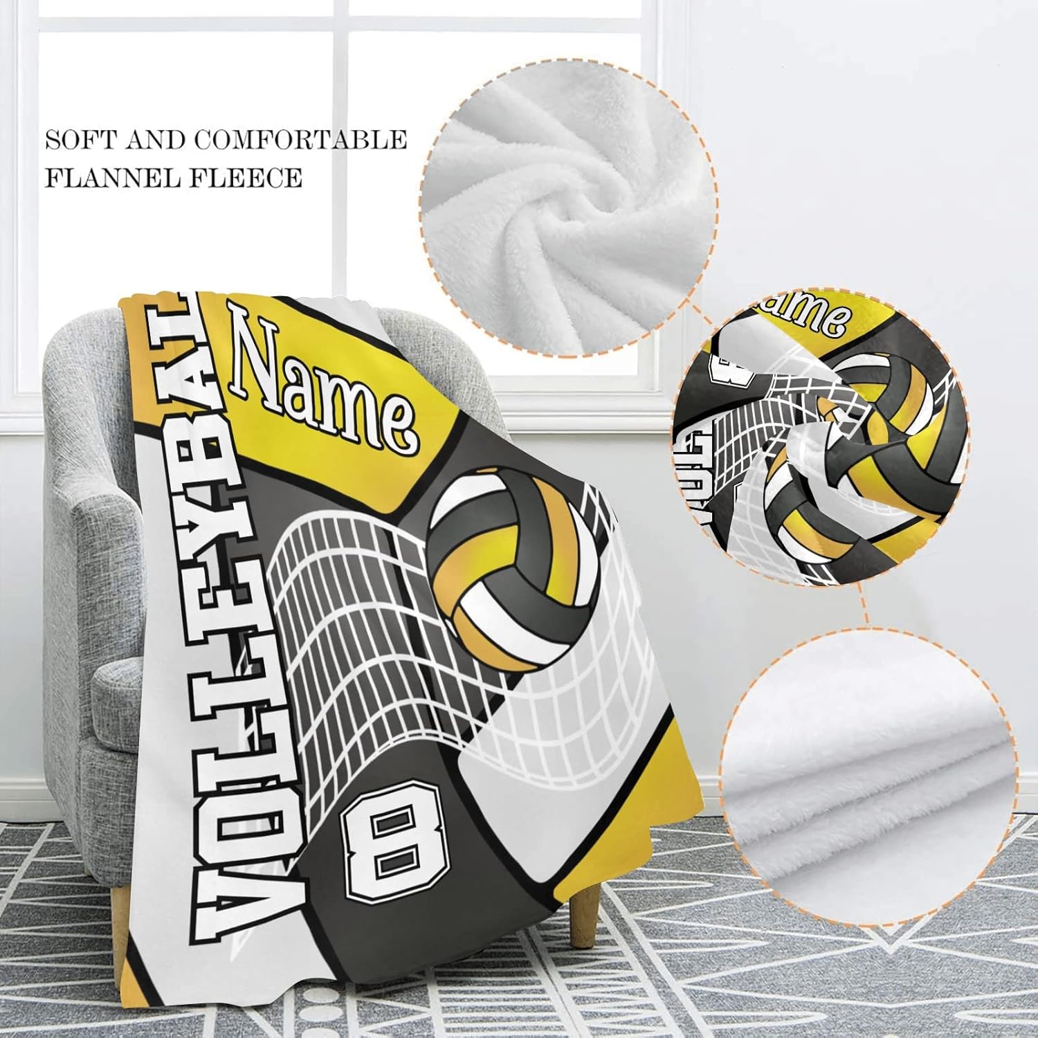 Manta personalizada de voleibol en negro dorado, amarillo y blanco con nombre, manta de forro polar suave para hombres y mujeres, regalo de