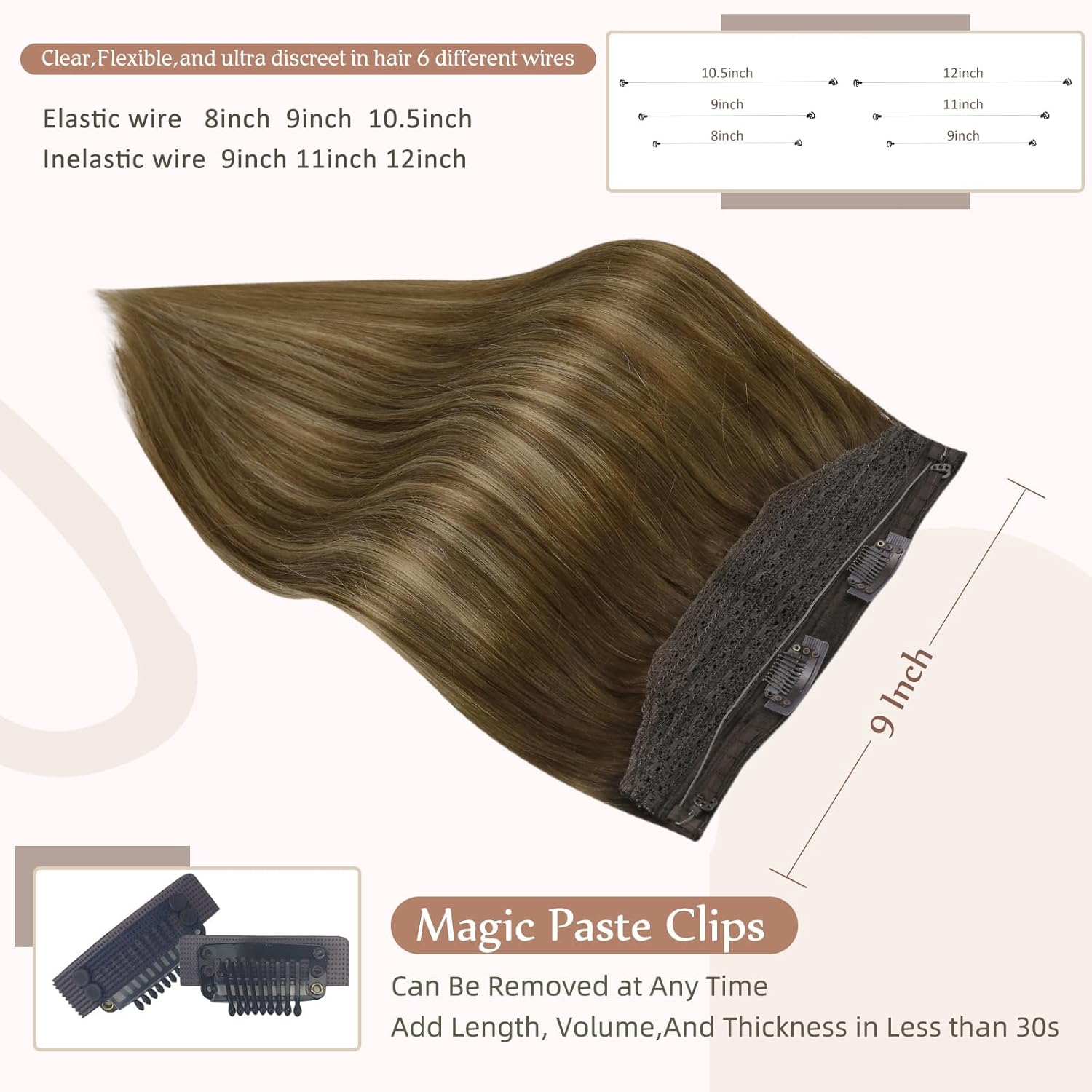 Fshine – Extensiones de cabello humano con alambre, balayage castaño cálido a rubio miel, 12 pulgadas, 2.47 onzas, extensiones de cabello humano