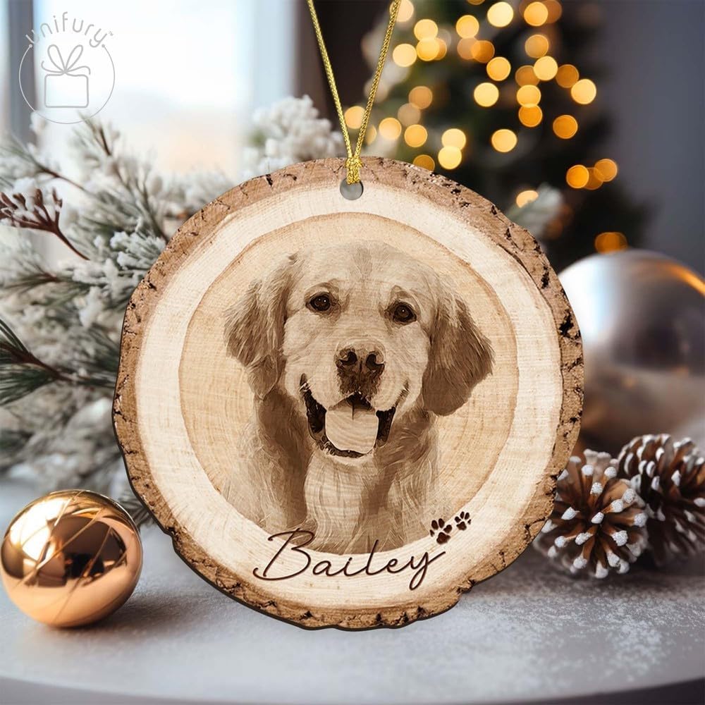 Unifury Adorno de perro personalizado con imagen, adorno de foto de Navidad, adornos de perro en memoria, adornos de madera para mascotas, adorno de