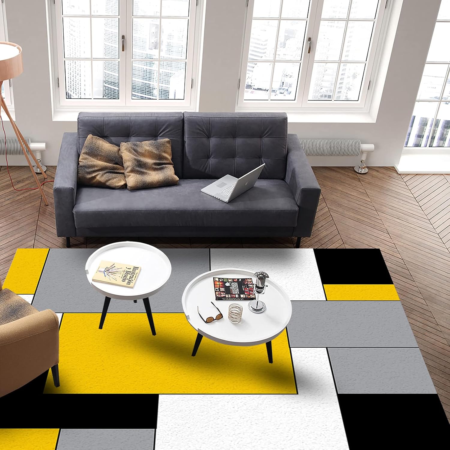 Alfombra lavable de 2 x 3 pies, patrón geométrico amarillo, negro y gris, arte abstracto moderno, alfombra suave antideslizante para sala de estar,