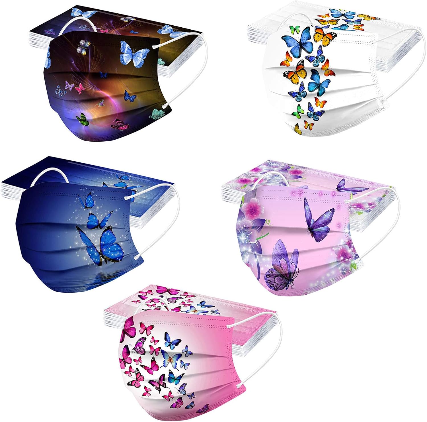 BOFFO 50 bandanas faciales con patrón de mariposa con filtro facial de 3 capas con cinta elástica para las orejas, transpirables con patrón de
