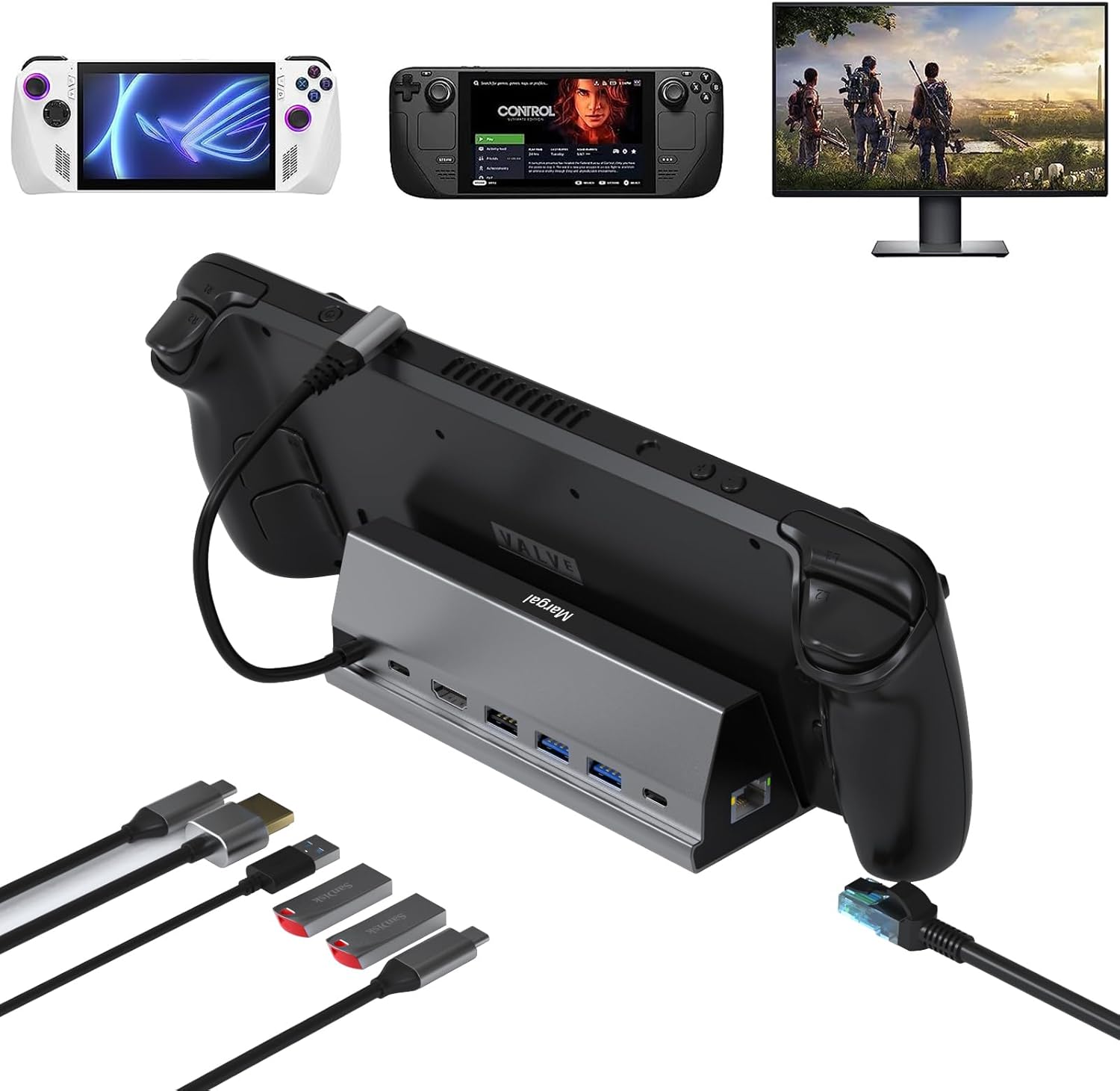 Margal Base para cubierta de vapor, estación de acoplamiento compatible con Steam Deck, 7 en 1 Stream Deck Dock con HDMI 2.0 4K 60HZ, Gigabit