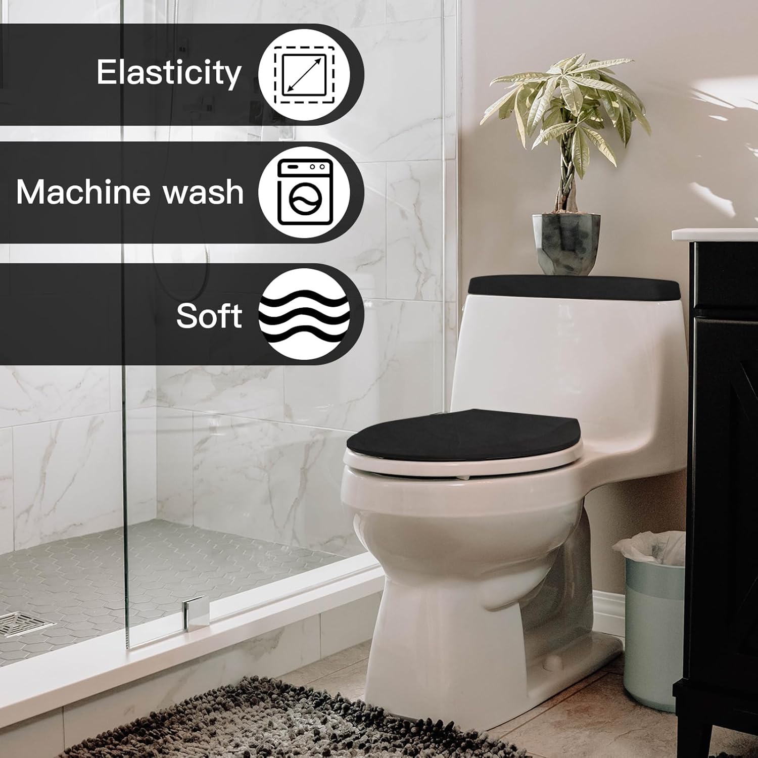 Tapa de inodoro y tapa de tanque de inodoro de repuesto con parte inferior elástica para accesorios de decoración de baño (negro)