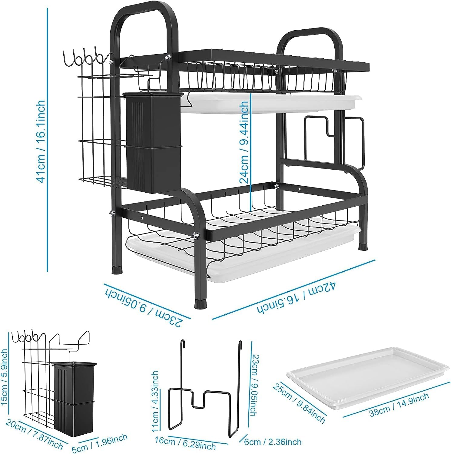 Escurridor de platos, juego de 2 niveles de acero inoxidable con soporte para cubiertos, soporte para tabla de cortar, escurridor de platos para