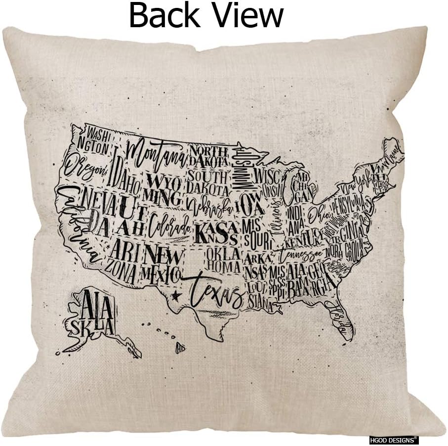 HGOD DESIGNS Fundas de almohada con mapa, diseño vintage de Estados Unidos con inscripción de Estados Unidos, funda de cojín cuadrada de lino y