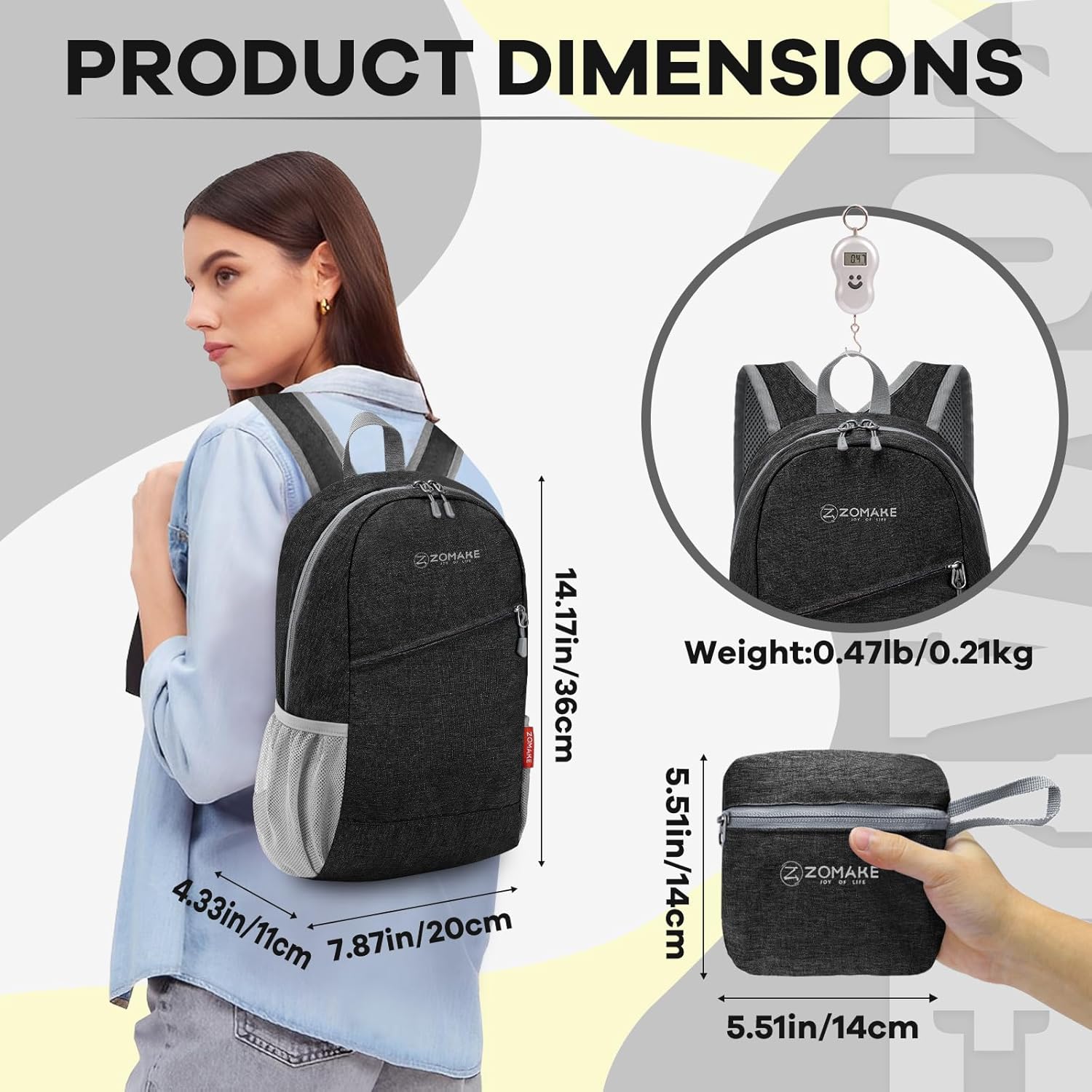 ZOMAKE Mochila de senderismo pequeña de 10 litros para mujeres y hombres, mochila de senderismo ligera y plegable, paquete de día de viaje, Negro -,