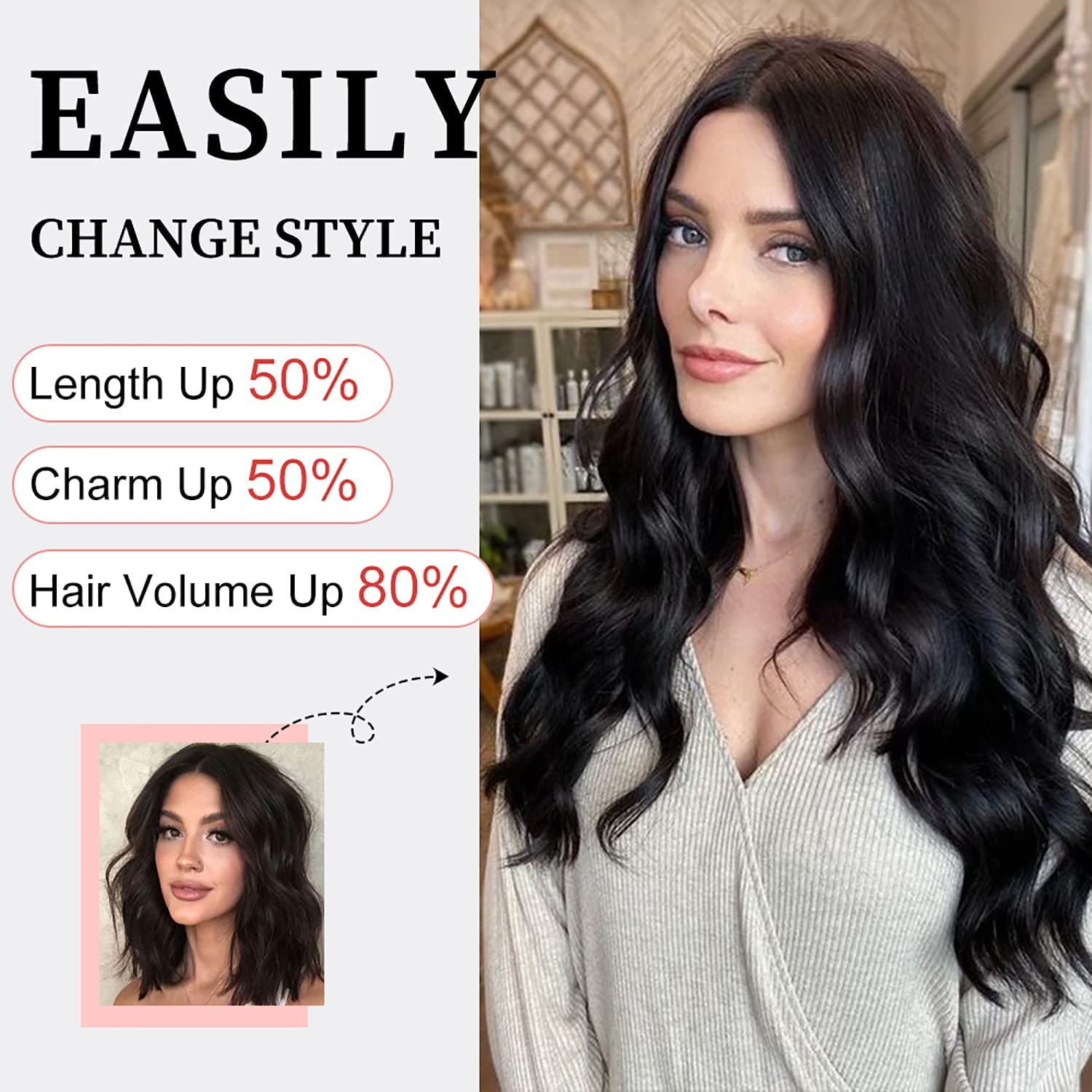 Ubeleco Extensiones de cabello con alambre invisible con alambre transparente, tamaño ajustable, 4 clips seguros, postizo largo sintético rizado de