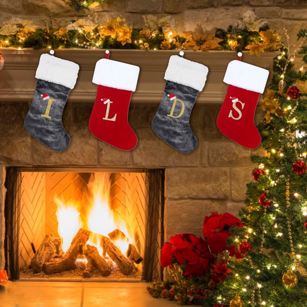 Calcetines de Navidad con iniciales de 20 pulgadas, terciopelo rojo gris con puños de felpa blanca súper suaves, monograma bordado, calcetín de