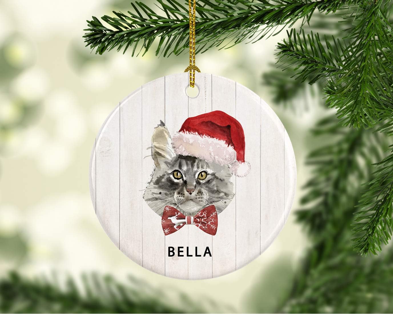 Andaz Press Adorno redondo personalizado de cerámica para árbol de Navidad, Maine Coon, corona de acebo, sombrero de Papá Noel, nombre