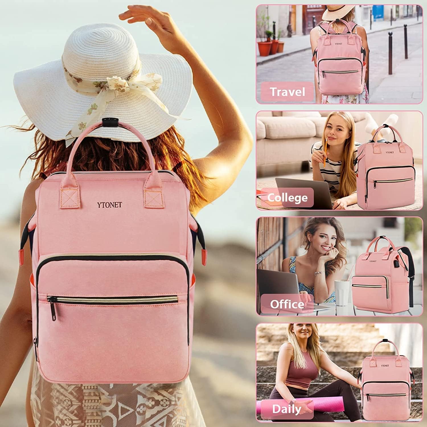 Ytonet Mochila rosa para laptop, mochila de transporte de 17.3 pulgadas para mujeres, profesores, enfermeras con puerto de carga USB, gran