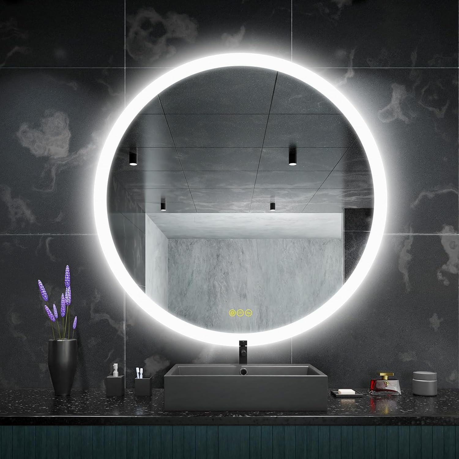 CITYMODA Round Bathroom Mirror LED 36 inch Led Mirror Anti-Fog, Stepless Dimmable, 3 Temperature, Memory Bathroom Vanity Mirror with Lights CRI90+