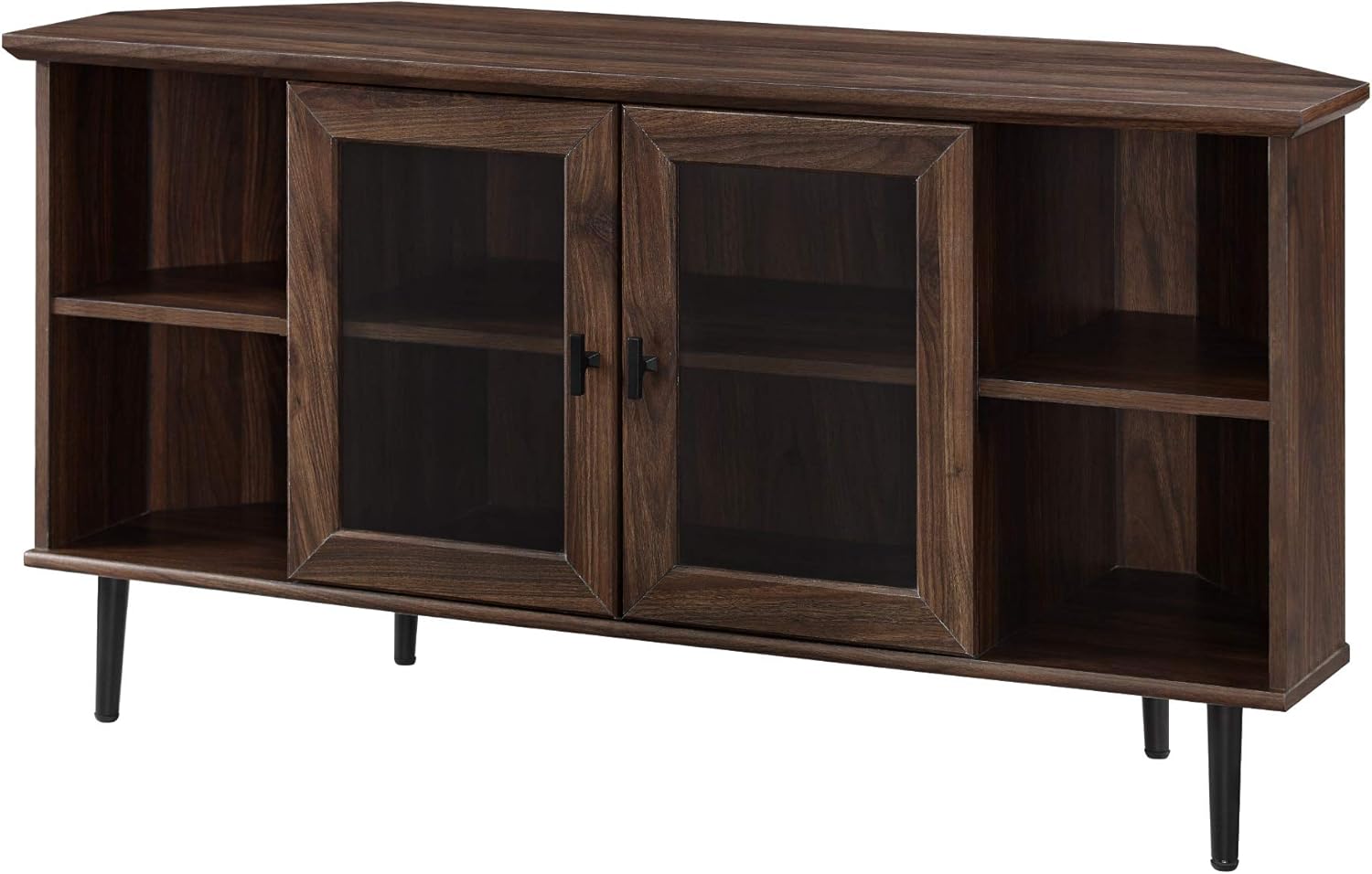 Walker Edison Moderno soporte universal de esquina de madera para TV con estantes abiertos, puertas de gabinete de vidrio, almacenamiento para