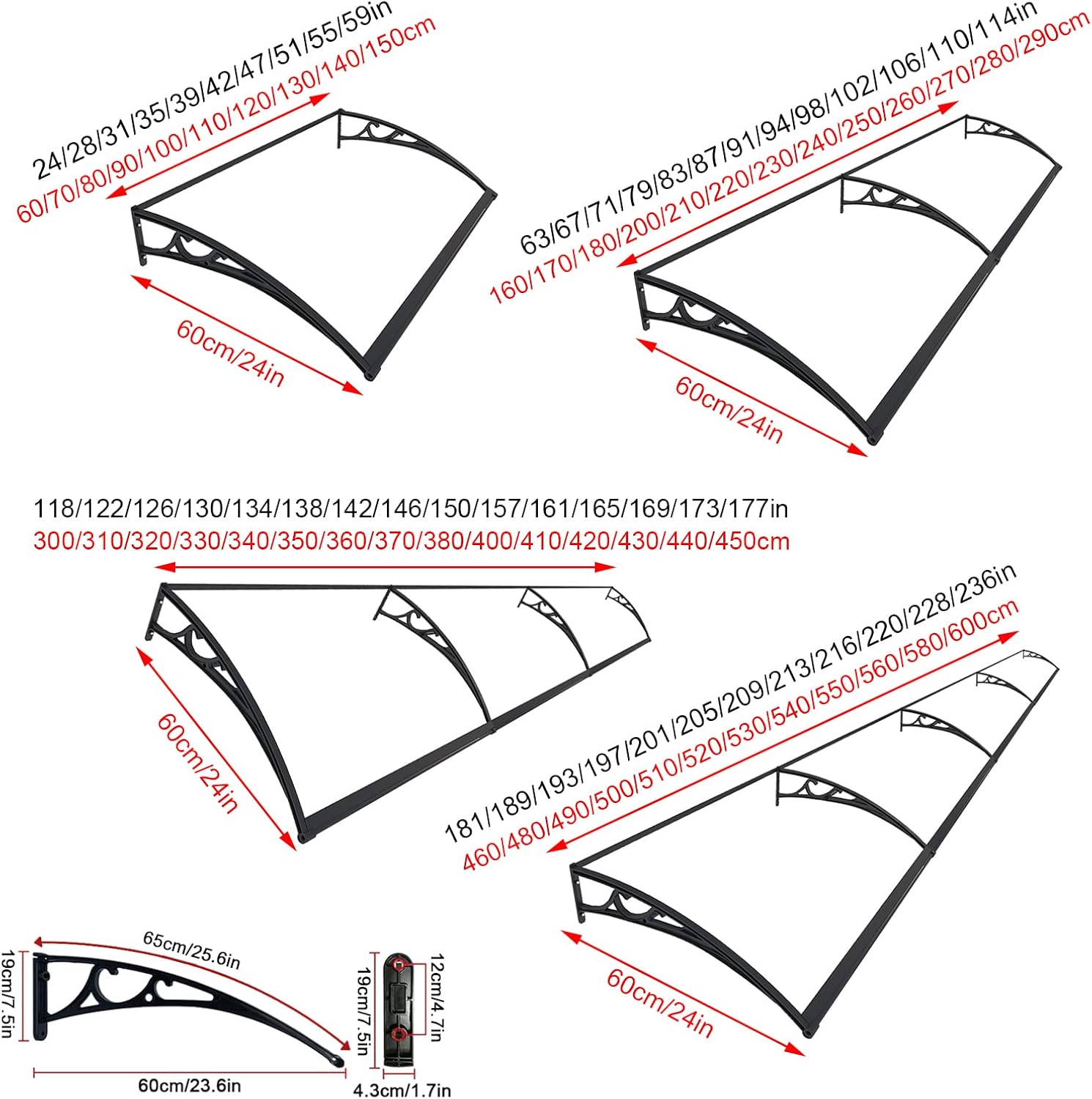 Toldo para ventana de patio, puerta delantera al aire libre, patio, toldo para puerta de techo, toldo arqueado de policarbonato con soportes, varios