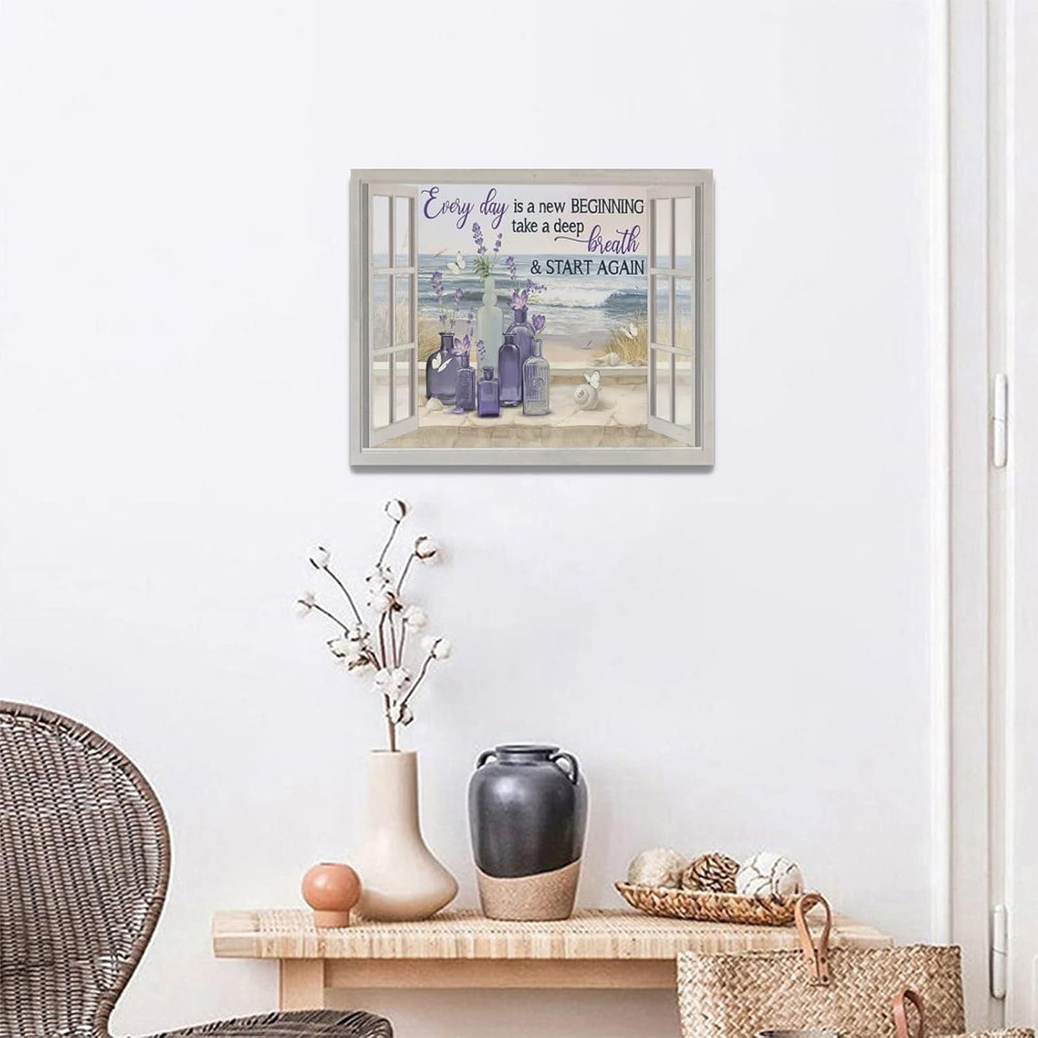 Decoración de pared de flores de lavanda de granja, arte de pared rústico, mariposa, morado, ventana, playa, cuadros para decoración de pared,