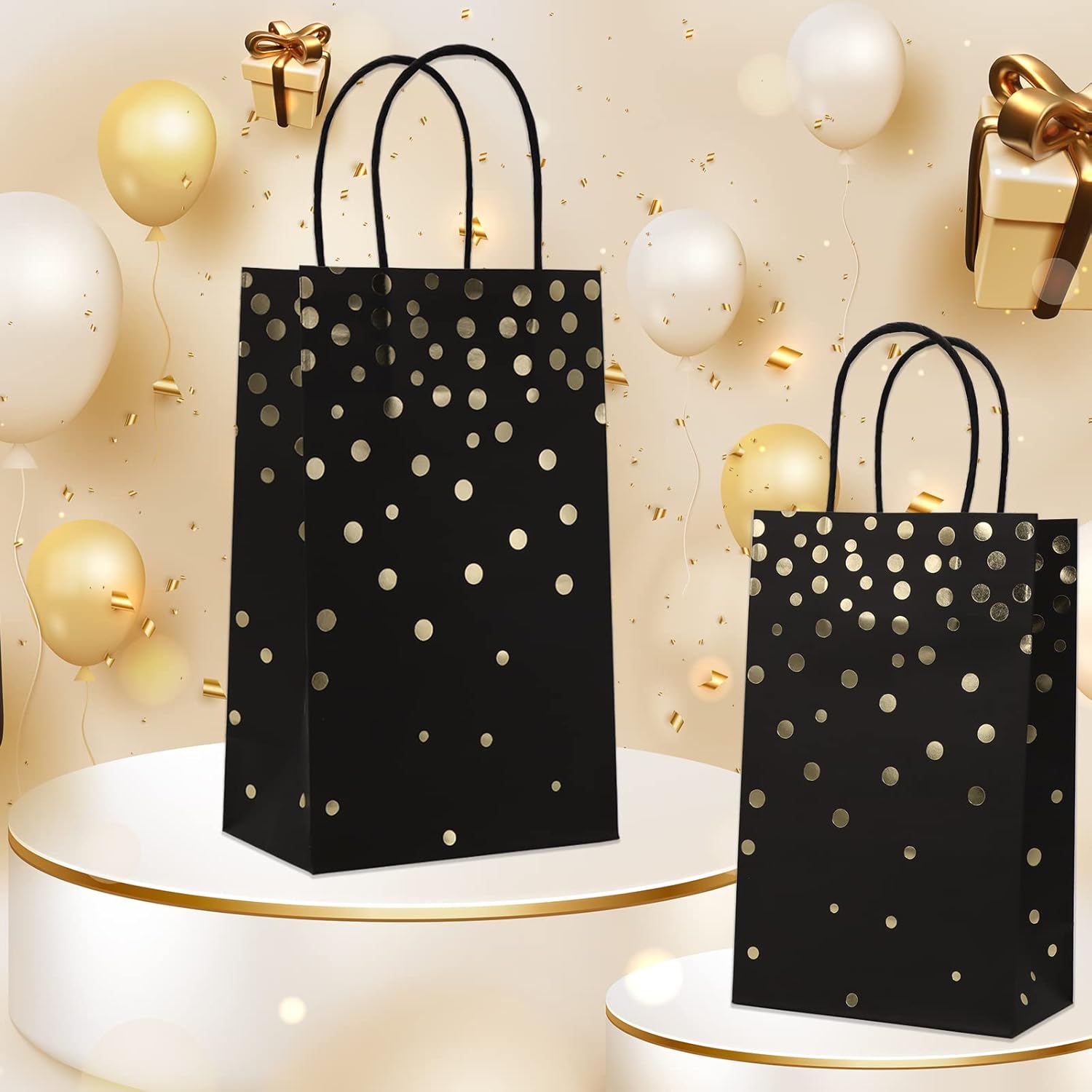 ECOHOLA Bolsas de regalo de papel de aluminio negro y dorado con asas negras, 25 piezas de lunares metálicos dorados para regalos, minoristas,