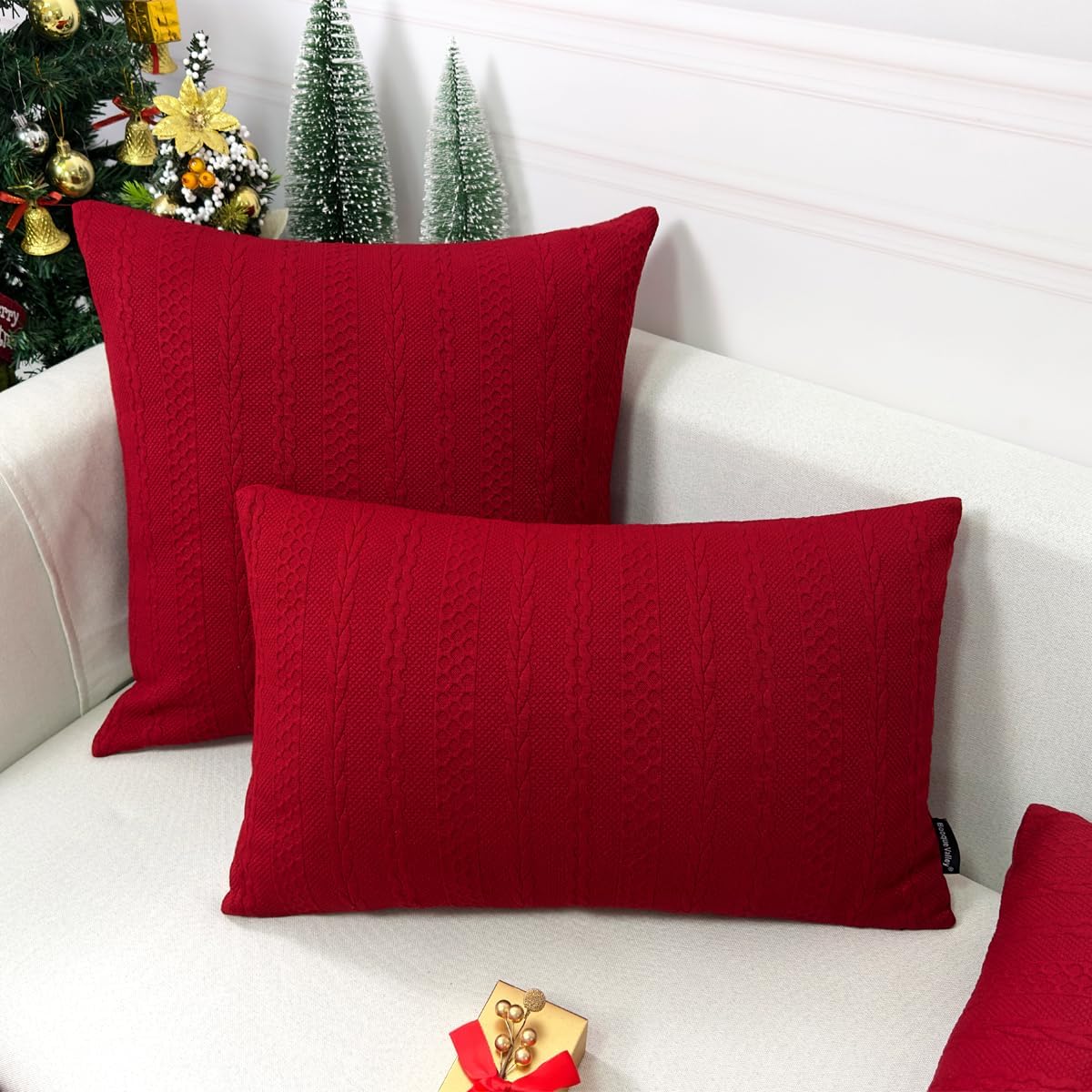 Booque Valley Fundas de almohada rojas navideñas, fundas de cojín decorativas, modernas, trenzadas, ultra suaves, elásticas, para sofá, dormitorio