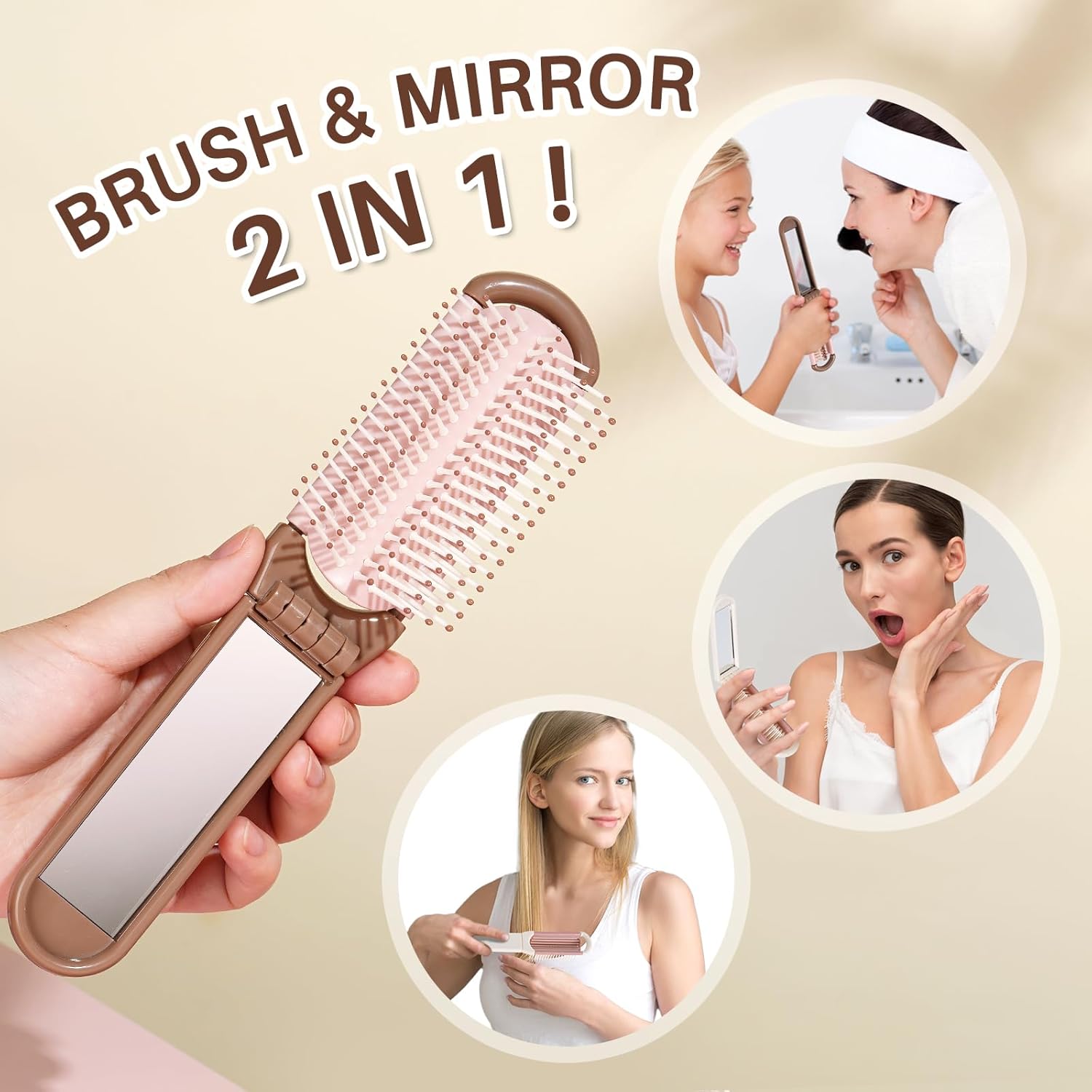 RHOS Cepillo plegable con espejo para mujeres y niñas, mini cepillo portátil para el cabello, cepillo de pelo de bolsillo pequeño con cerdas de