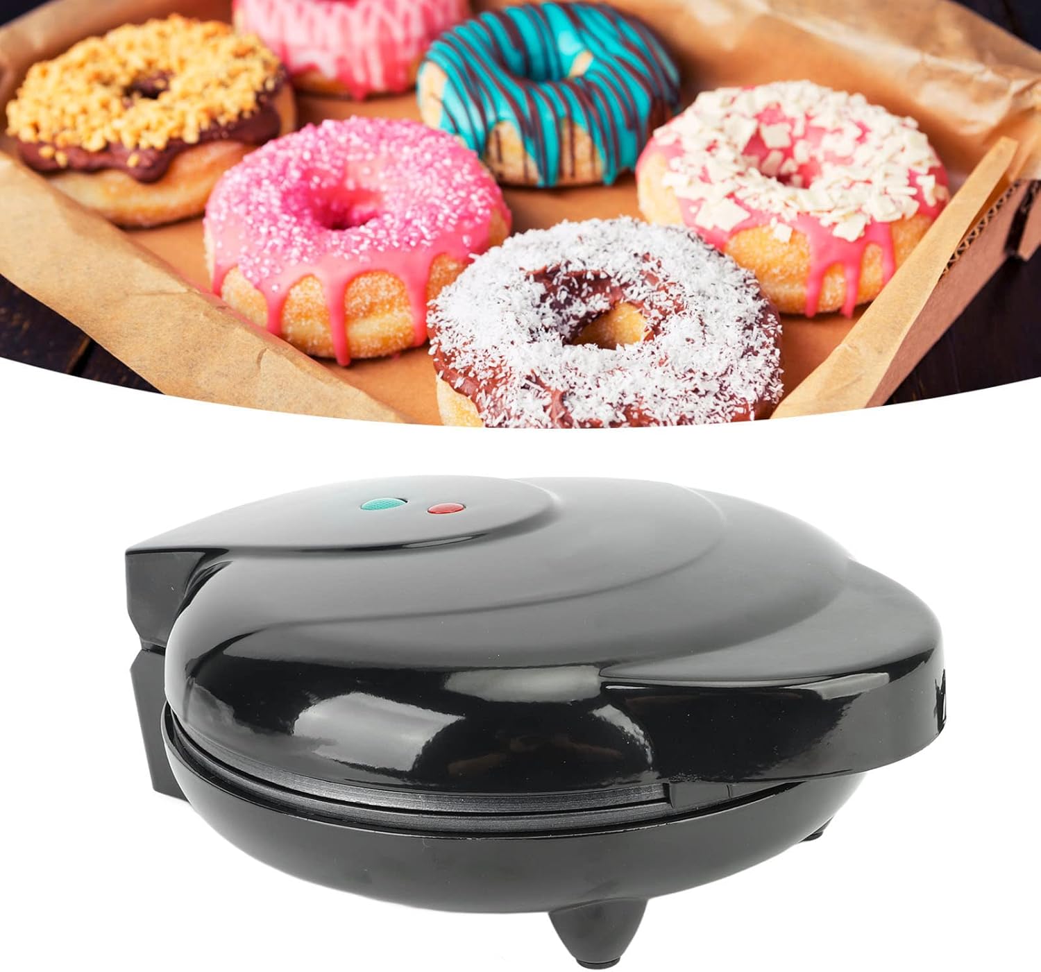 Máquina para hacer donas, mini máquina de donas de 1000 W de doble cara con superficie antiadherente para desayunos, aperitivos, postres y más, hace