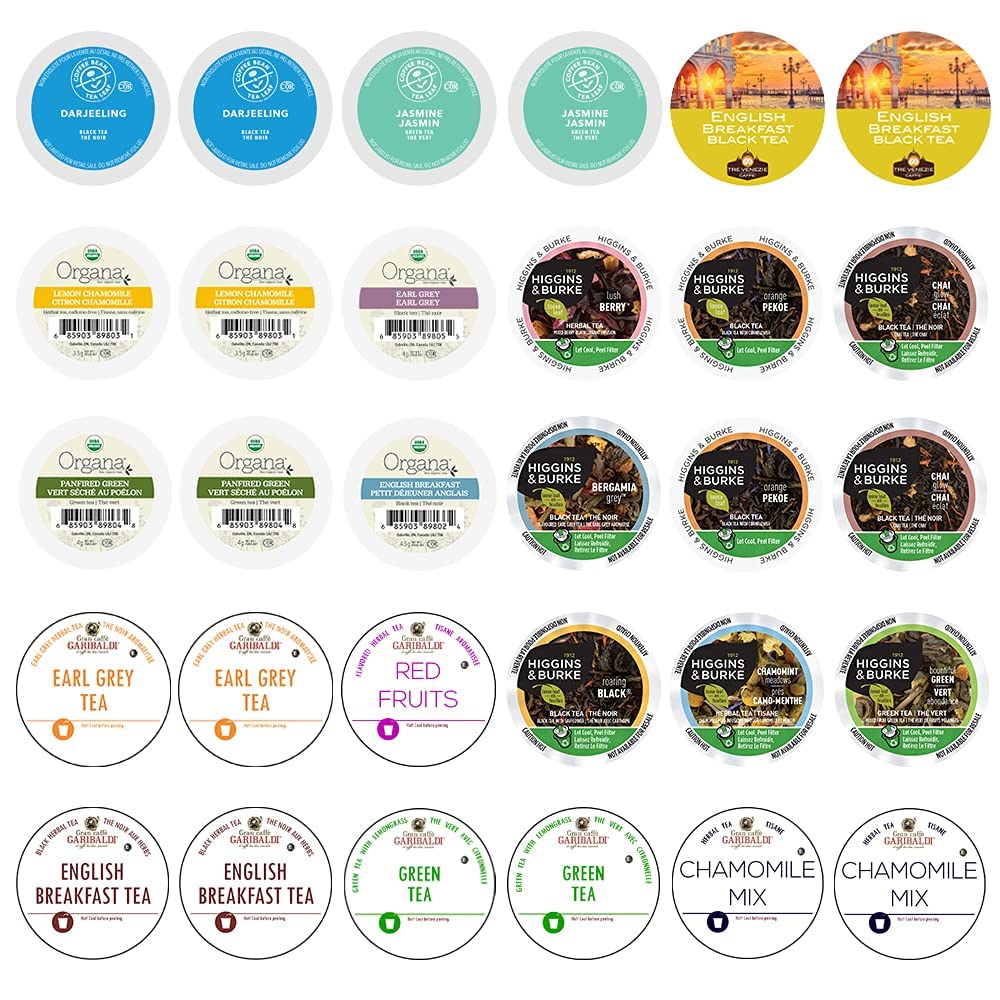 Paquete variado de té surtido que incluye té verde, té negro, té Earl Grey y té de hierbas, cápsulas de té de una sola porción para máquinas Keurig