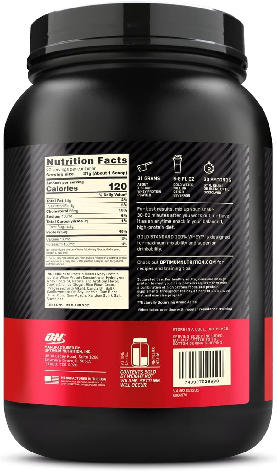 Optimum Nutrition (ON) Gold Standard 100% proteína de suero en polvo aislado de fuente primaria, 0.91 onzas de proteína para apoyo muscular y