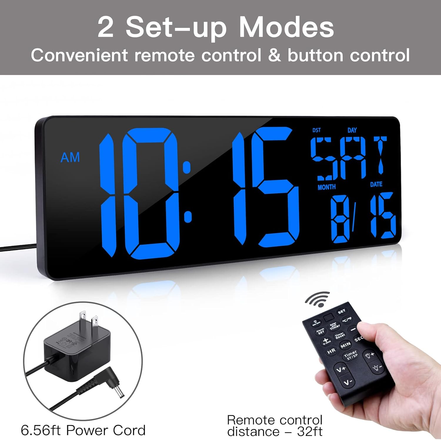 XREXS Reloj de pared digital grande con control remoto, pantalla LED de 16.5 pulgadas, temporizador de cuenta arriba y abajo, brillo ajustable,