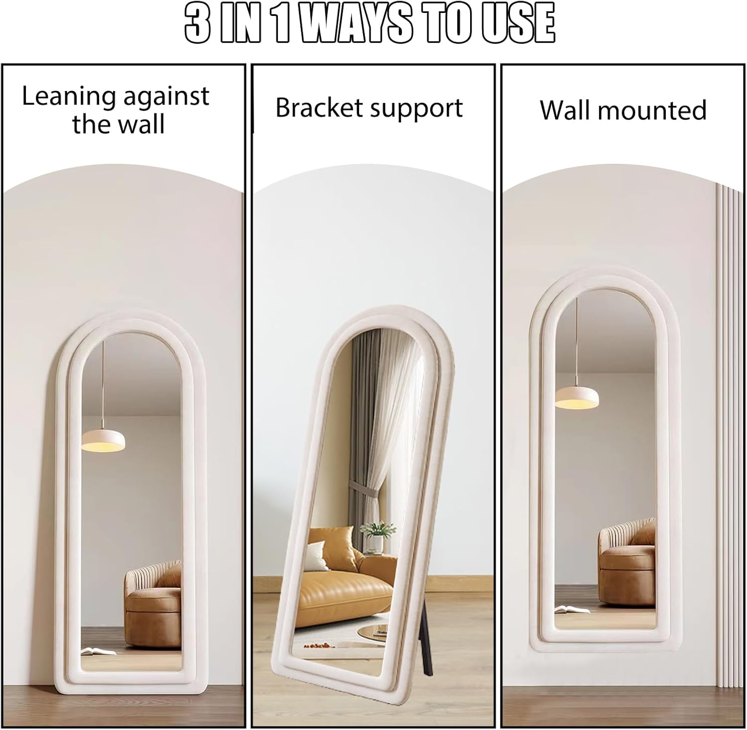 Espejo de franela de longitud completa con soporte arqueado para colgar en la pared, espejo corporal de 63 x 24 pulgadas, HD modernos y grandes