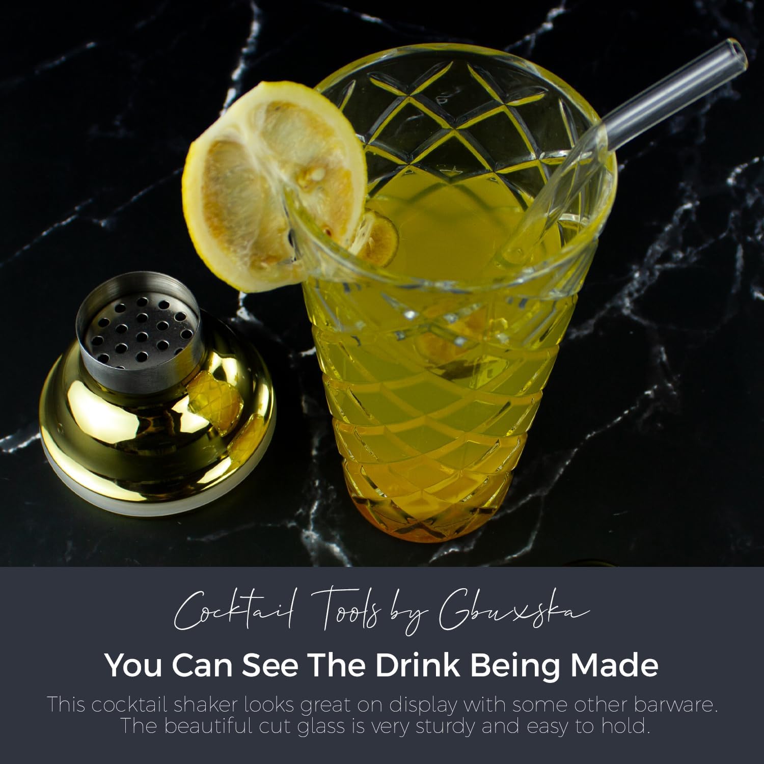 Gbuxska Kit de coctelera de cristal, 14.2 onzas, juego de cóctel Martini con tapa de acero metálico a prueba de fugas y colador para uso doméstico y