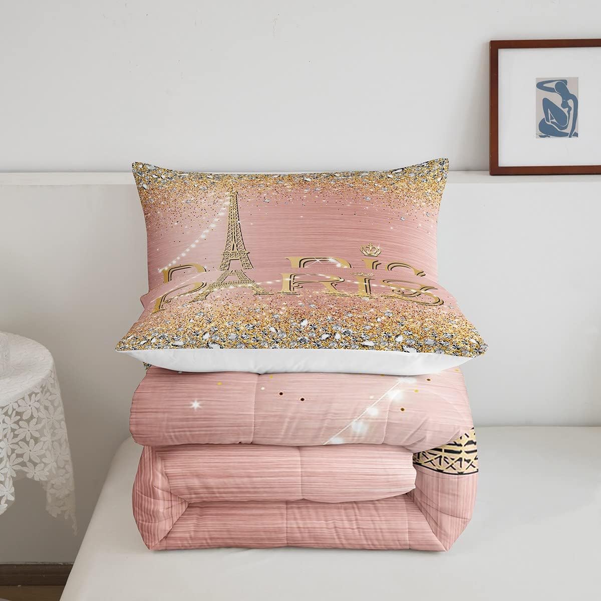 Juego de ropa de cama de tamaño matrimonial de la Torre Eiffel, romántico juego de ropa de cama de la torre de París para adolescentes y adultos,