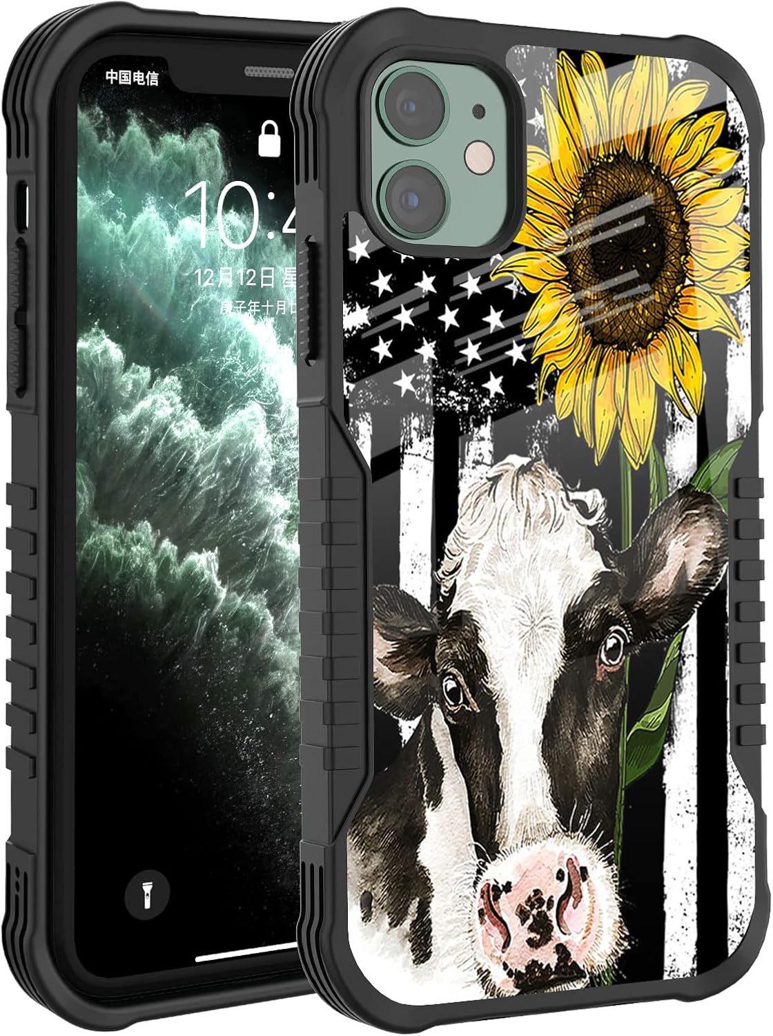 Funda compatible con iPhone 1212 Pro para niños y niñas, diseño de girasol y vaca con protección antideslizante a prueba de golpes, protección
