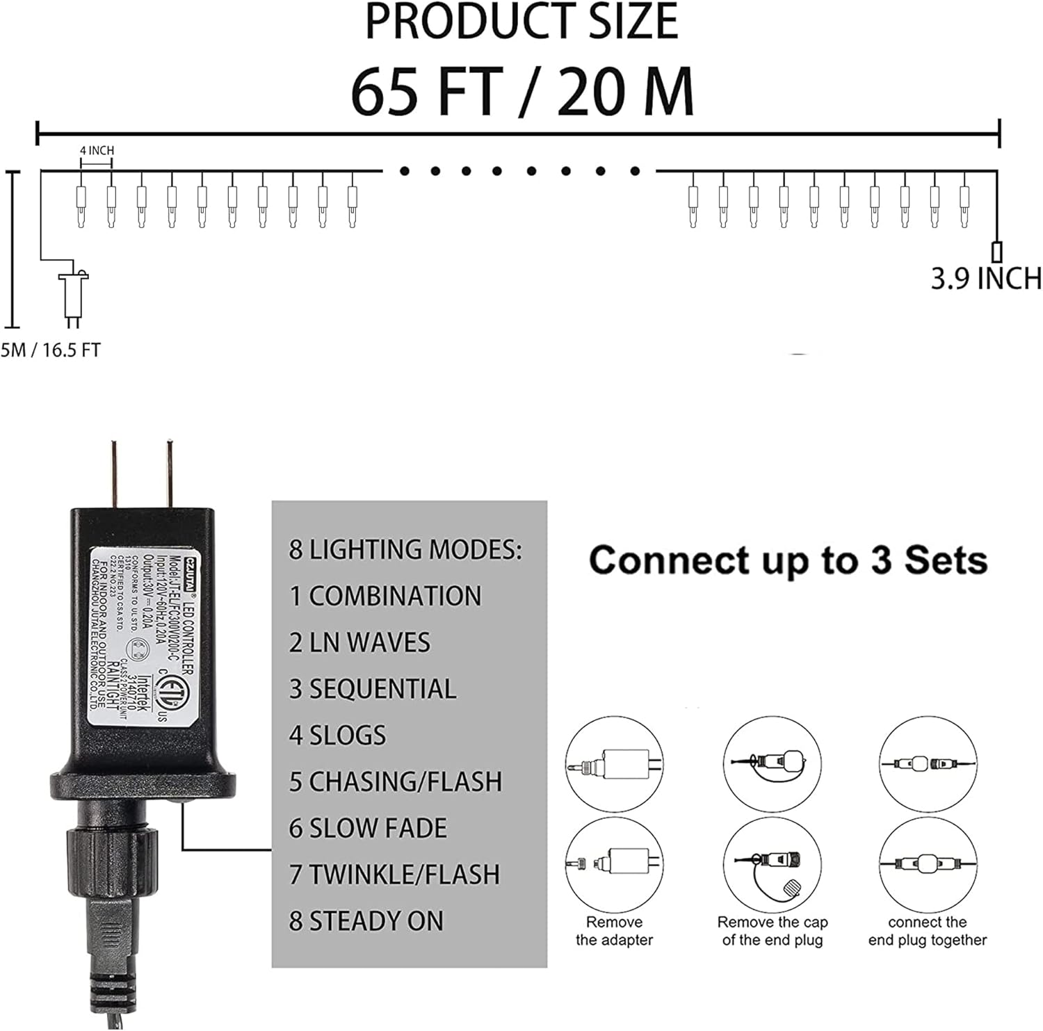 Dazzle Bright 200 mini luces LED de Navidad, 65 pies, conectables, impermeables, 8 modos de luces de hadas para interiores y exteriores, patio,