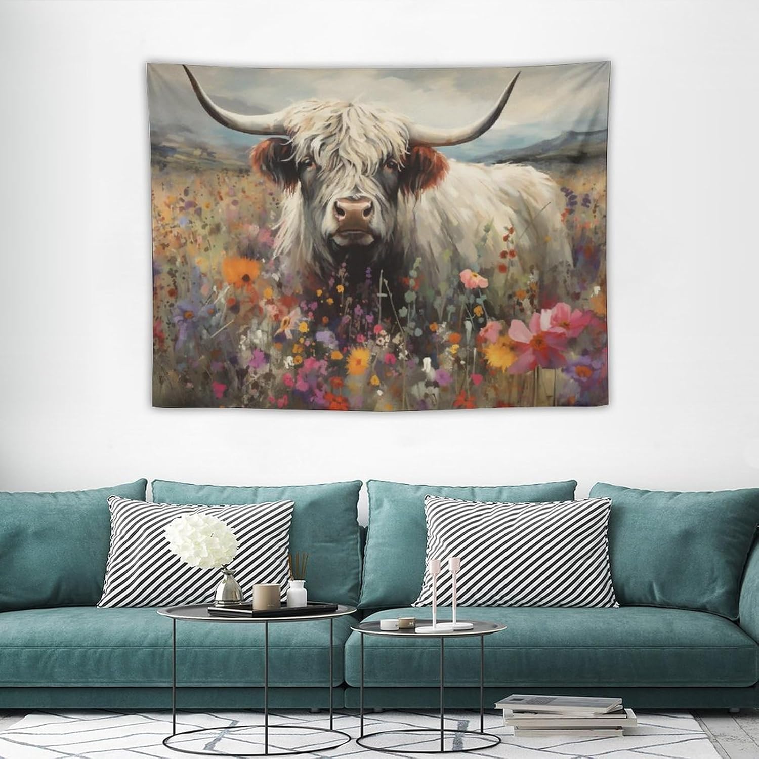 Tapiz para colgar en la pared, decoración de dormitorio, hogar, sala de estar, tapices de arte de pared, animales de las tierras altas, vaca, flor,