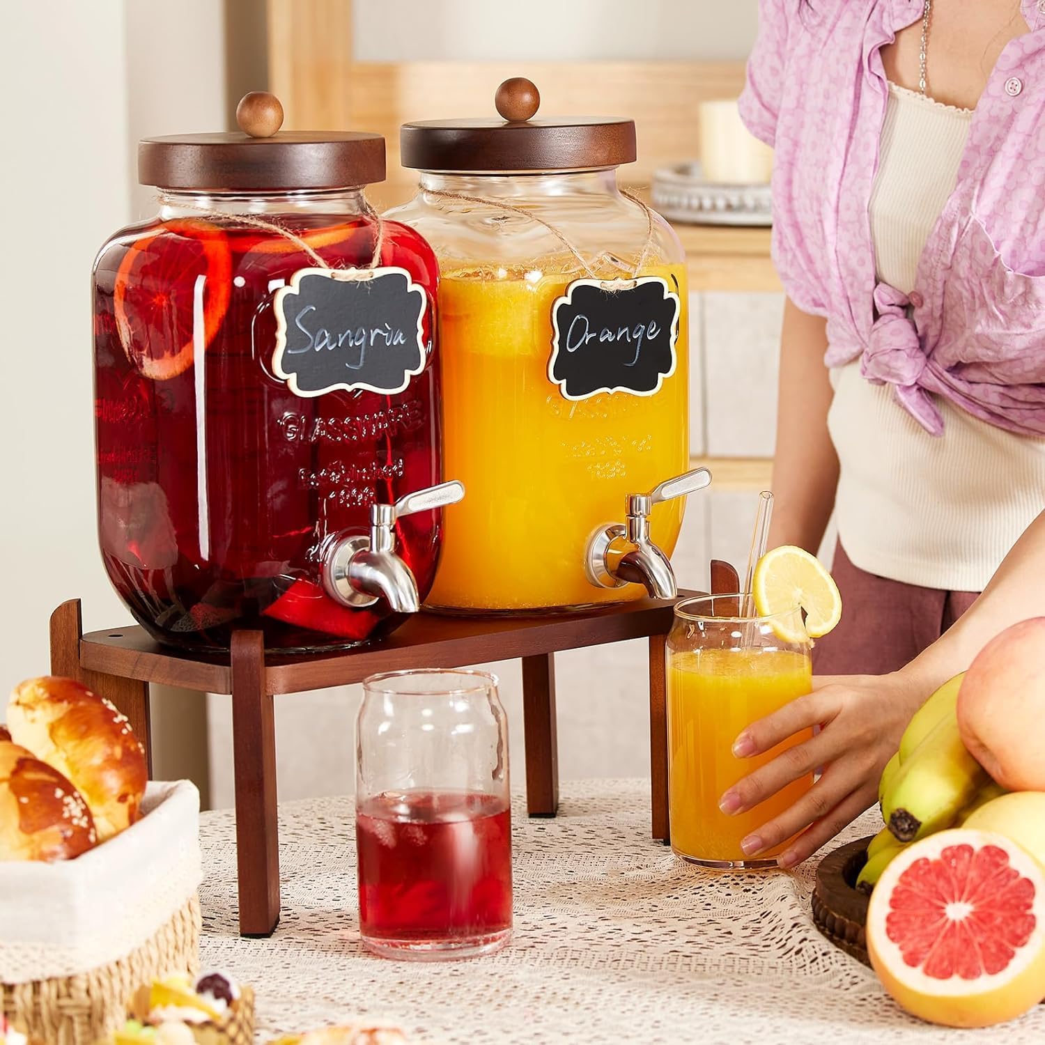 Dispensador de bebidas de vidrio con soporte de madera, dispensador de bebidas de 1 galón para fiestas con espiga de acero inoxidable 188 a prueba