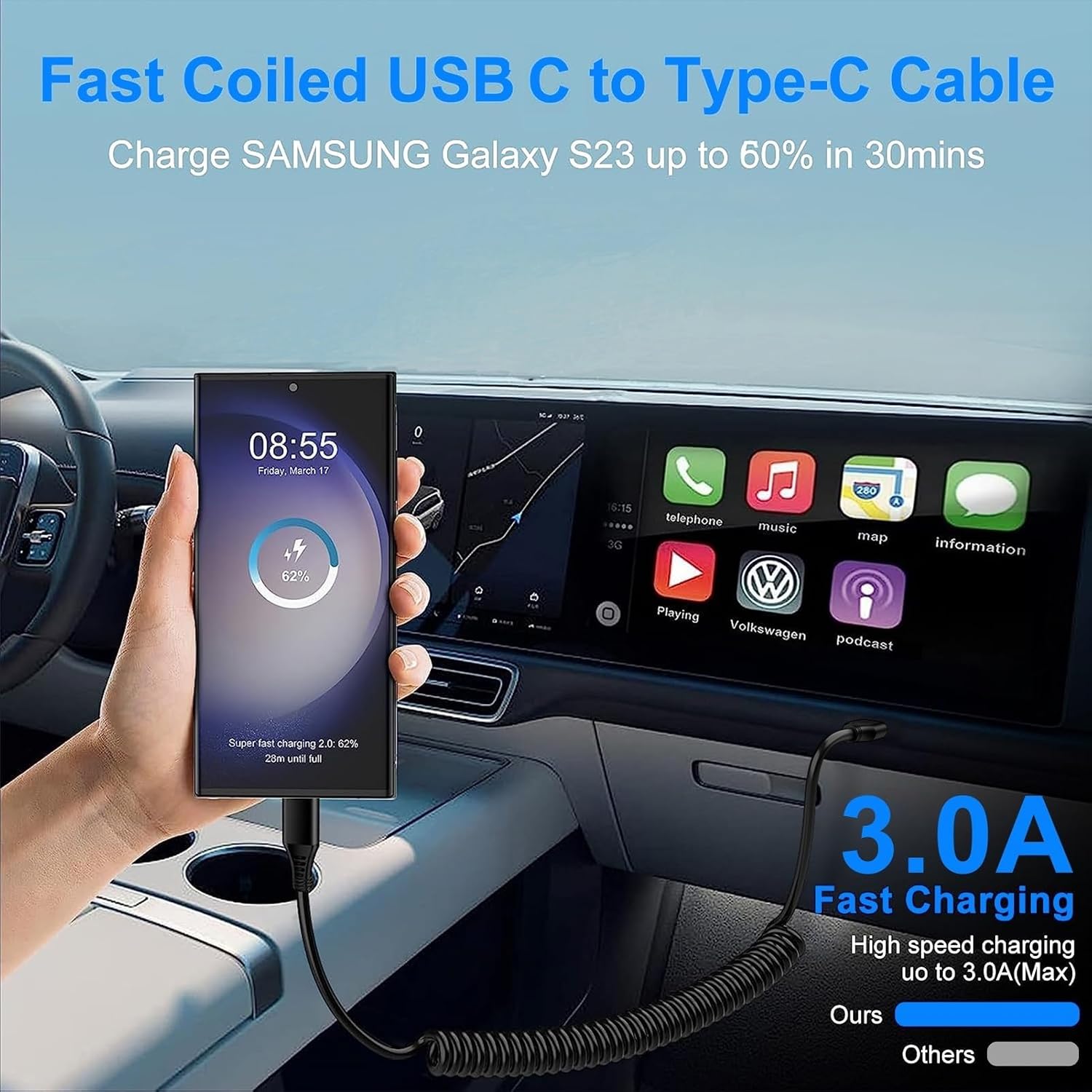 Cable USB C para Android Auto de carga rápida, 3 pies + 6 pies retráctil en espiral tipo C a C cable de carga de teléfono para Samsung Galaxy S25