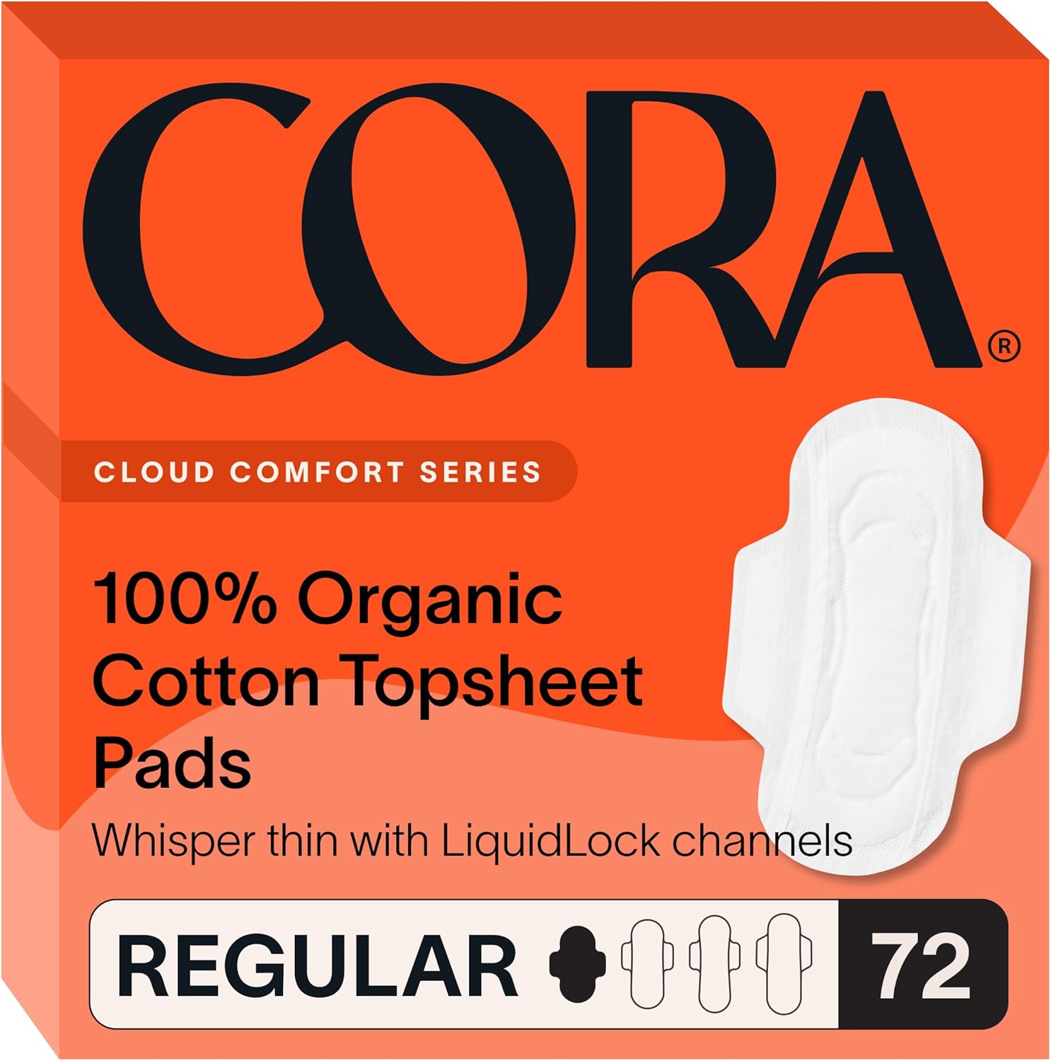 Cora – Toallas sanitarias de algodón orgánico, absorbencia regular, ultra delgadas, con alas, sin perfume, cómodas, poderosamente absorbentes,