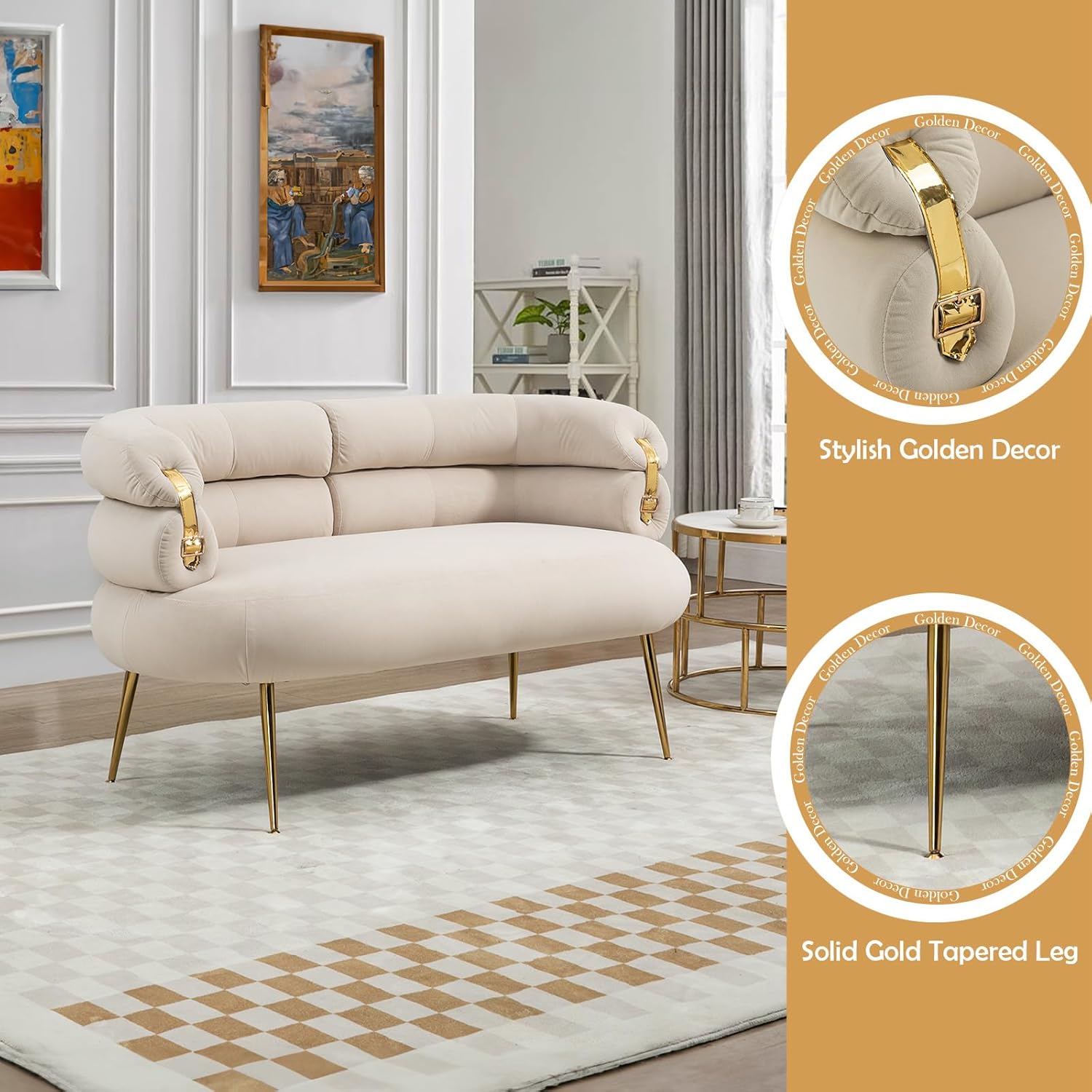 Antetek Moderno sofá biplaza de terciopelo, sillón tapizado con elegante decoración dorada, pequeño y cómodo sofá de descanso para sala de estar,