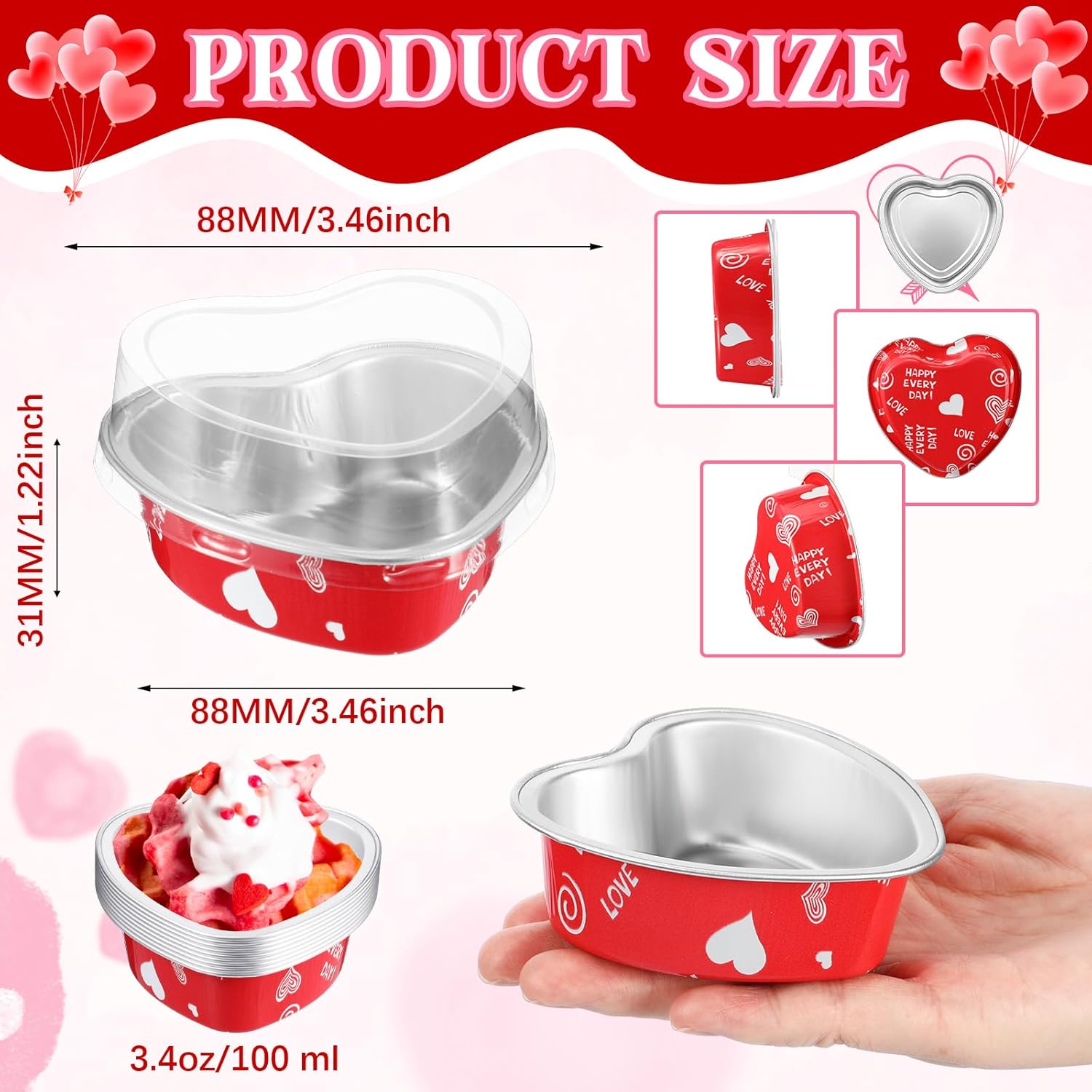Juego de 100 moldes de papel de aluminio en forma de corazón, mini tazas para cupcakes con tapas, molde para flan, desechables, para Navidad,