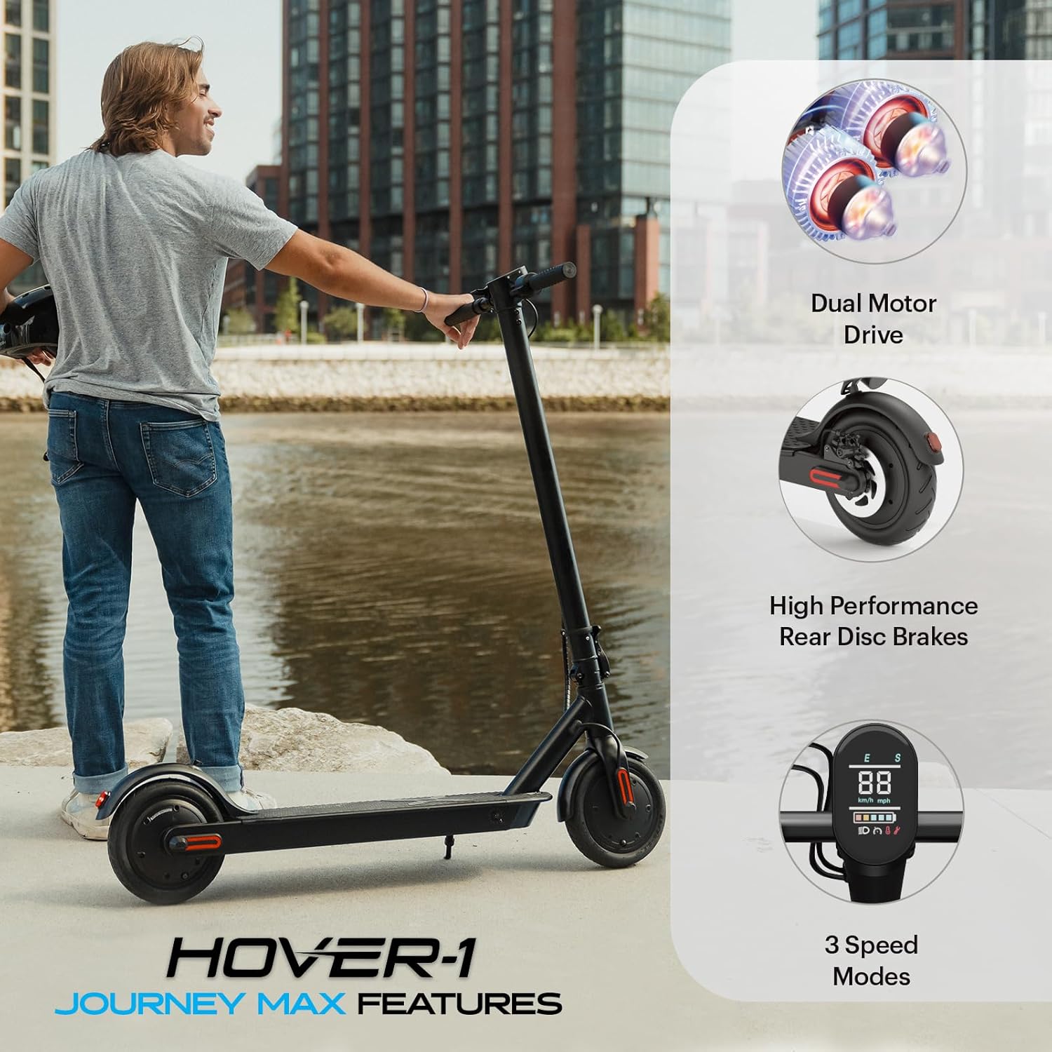 Hover-1 Journey 2.0 Max Scooter eléctrico plegable para adultos con motor sin escobillas de 350 W700 W, velocidad máxima de 15 a 19 mph, rango de 16