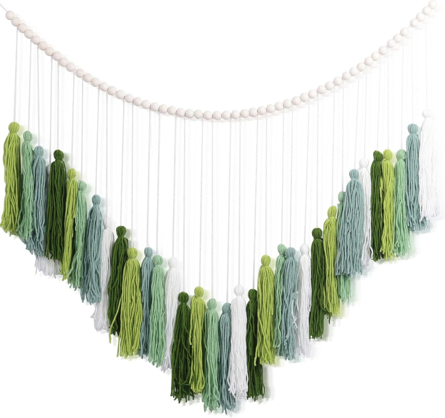 XMGZQ Guirnalda de macramé grande de color verde oliva, guirnalda de borlas verdes, decoración bohemia con cuentas de madera de algodón neutro para