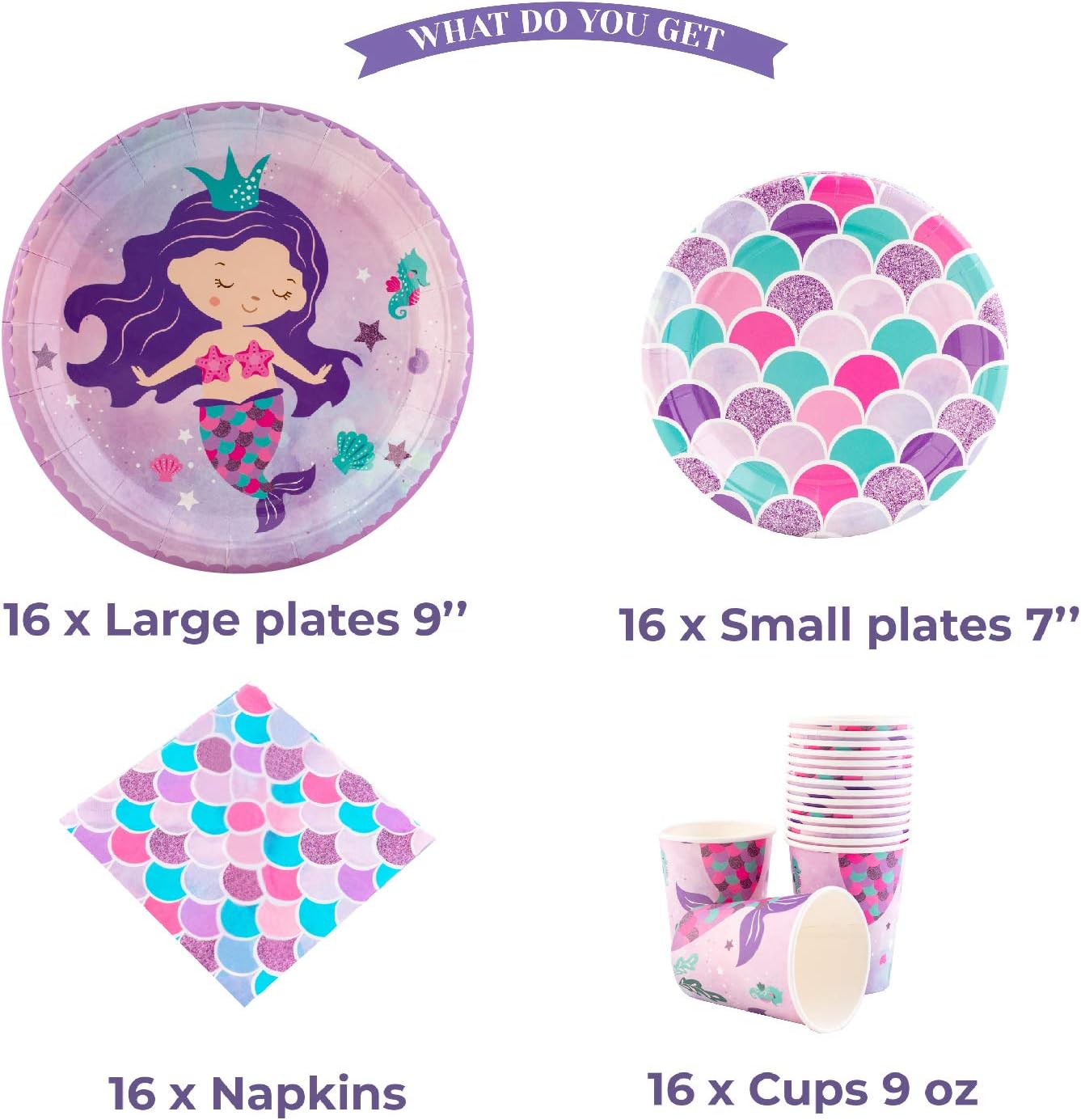 Platos y tazas de sirena y servilletas para 16 invitados  16 platos de papel grandes, platos pequeños, vasos, servilletas  Decoraciones de