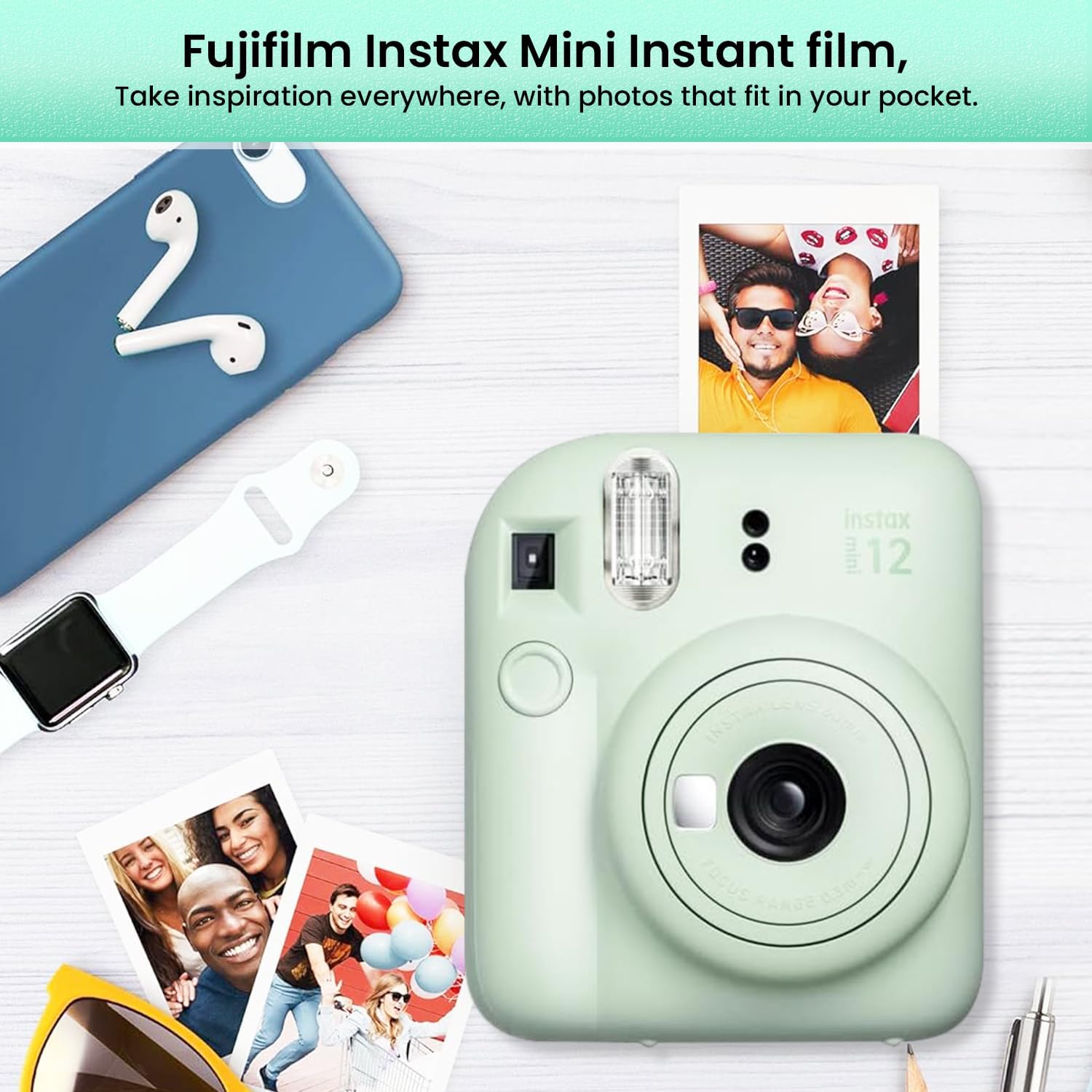 Fujifilm Instax Mini 12 – Cámara instantánea verde menta + paquete de accesorios MiniMate y funda personalizada compatible + película Fuji Instax
