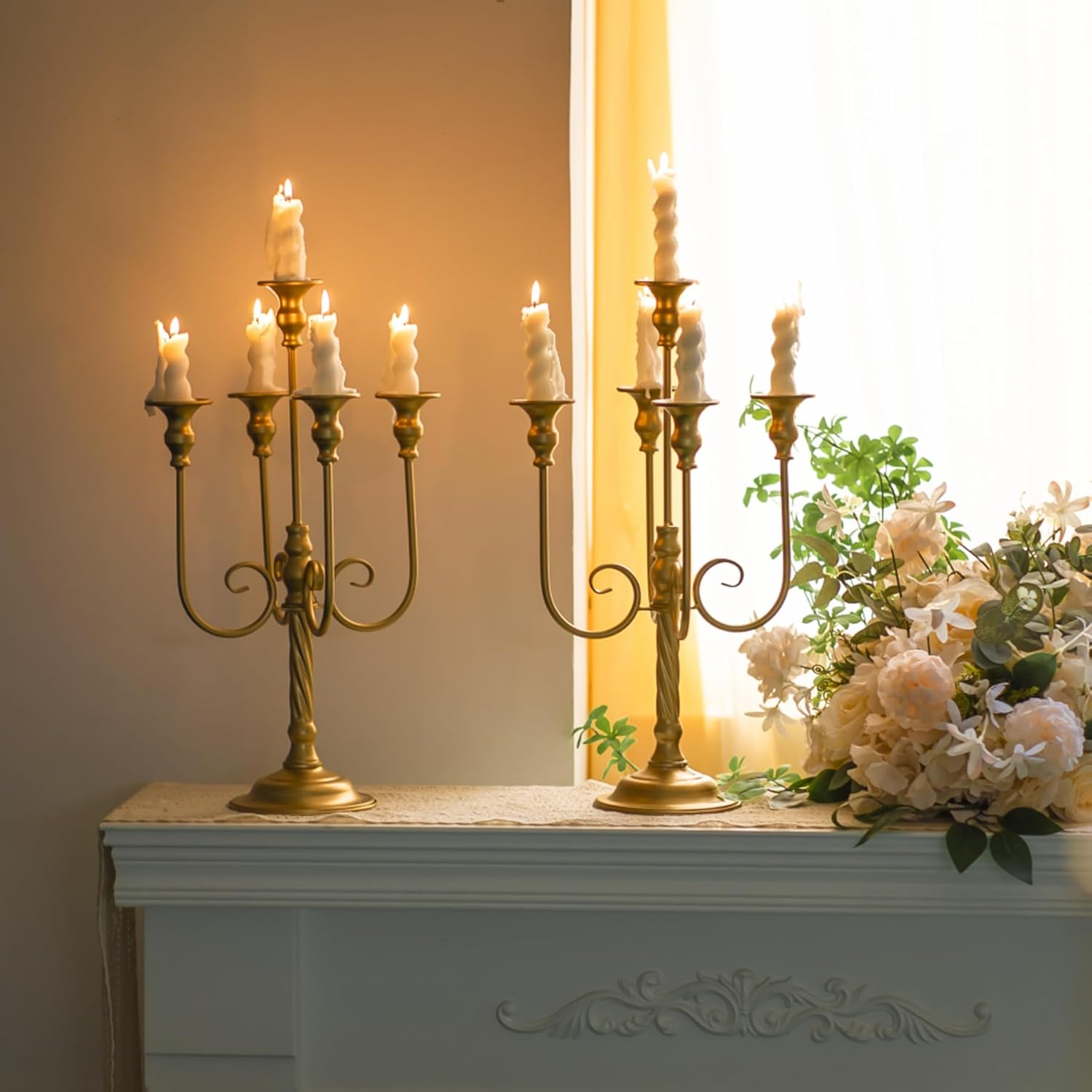 Centros de mesa dorados para mesas, 2 portavelas de boda con 5 ramas, soporte de pedestal de vela en espiral de metal para centros de mesa, fiestas,