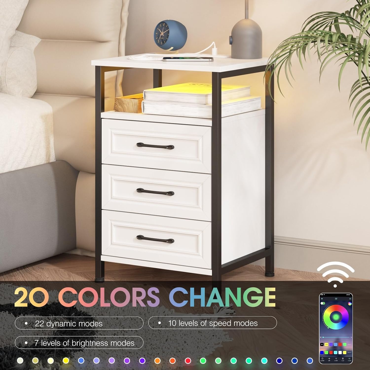 Fameill Juego de 2 mesitas de noche con estación de carga, 3 cajones con luces RGB, mesas de noche modernas con estantes de almacenamiento, mesas