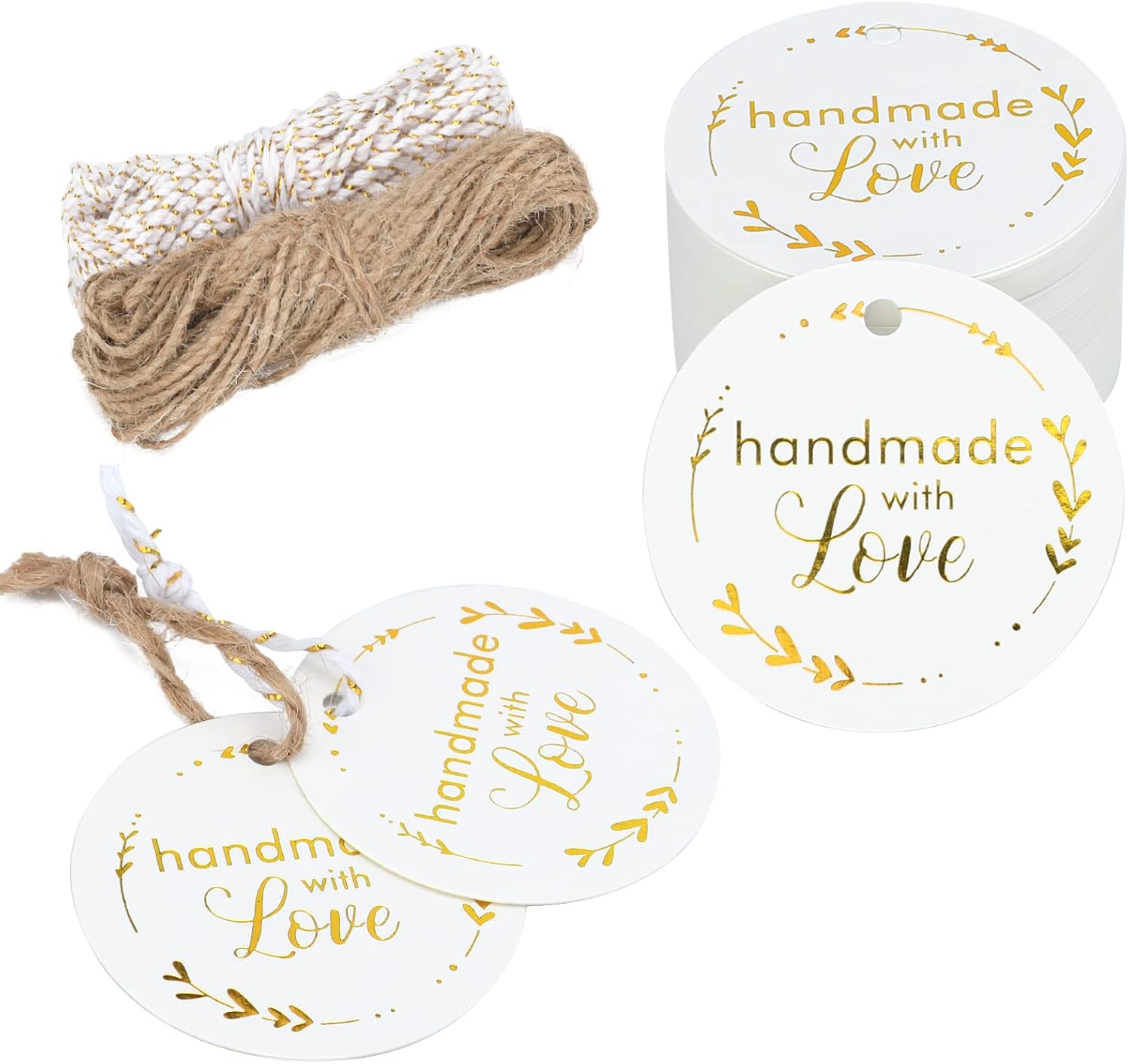 joycraft 100 etiquetas de regalo hechas a mano, lámina dorada hecha a mano con etiquetas de amor con cuerda, etiquetas colgantes de papel kraft